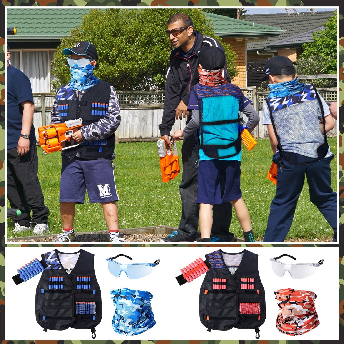 Sosation 8 Sets Kids Tactical Vest Compatible with Nerf Party Favor Accessories, Face Mask Wrist Ammo Holder Toy Gift Supplies Boys (Orange and Blue)