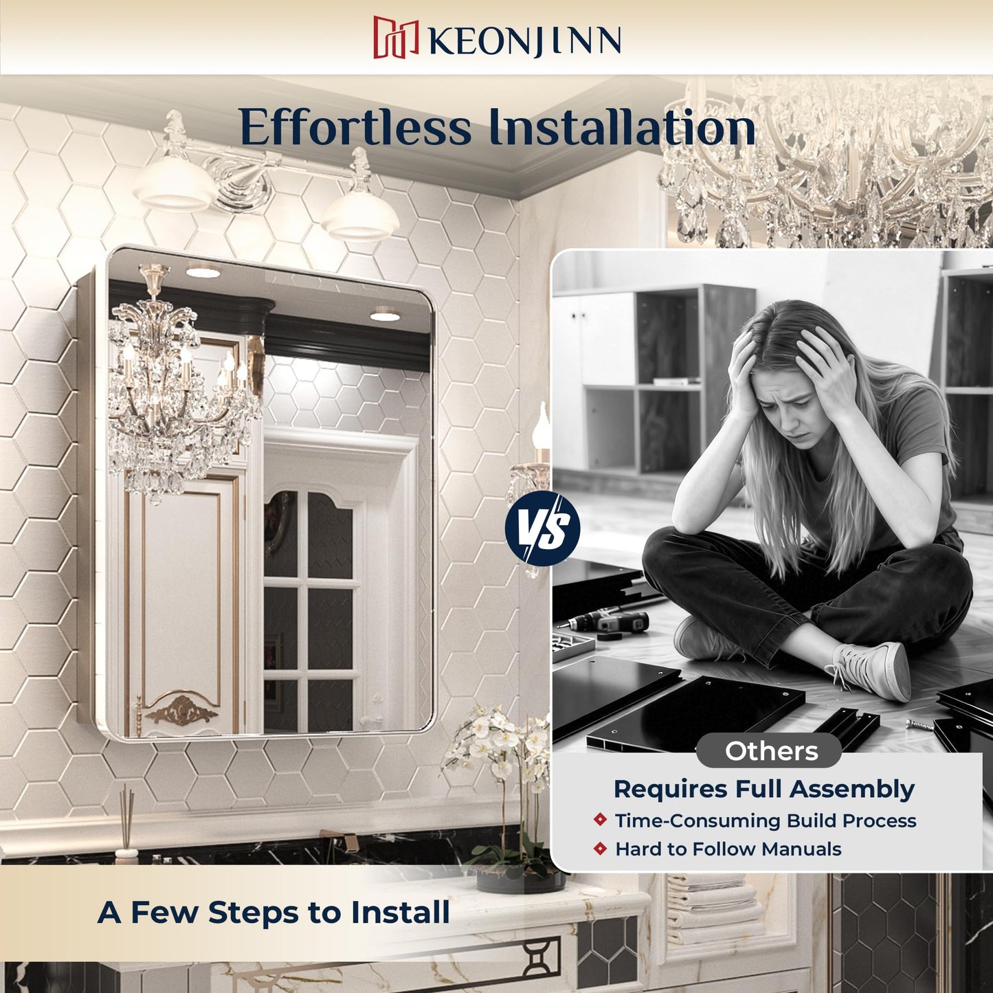 Keonjinn Chrome Medicine Cabinet Mirror 16 x 24 Inch, Recessed Medicine Cabinet for Bathroom, Elegant Stainless Steel Framed, Stepless Adjustable Shelves, in Wall or Surface Mount, Soft Closing