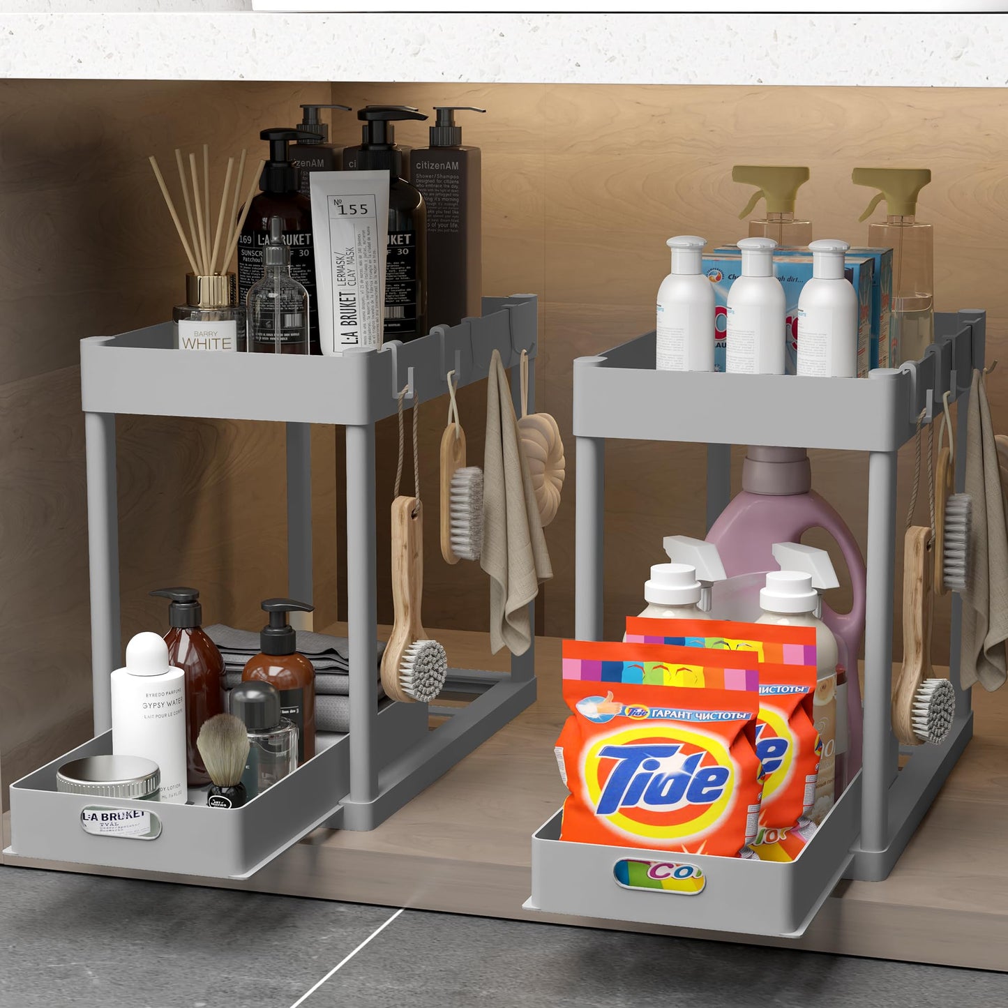 POUGNY 2PC Under Sink Organizer Rack 2 Tier Under Sliding Cabinet Basket Organizer Drawer with 4 Hooks, Multi-purpose Under Sink Storage for Bathroom Kitchen Desktop(Grey)