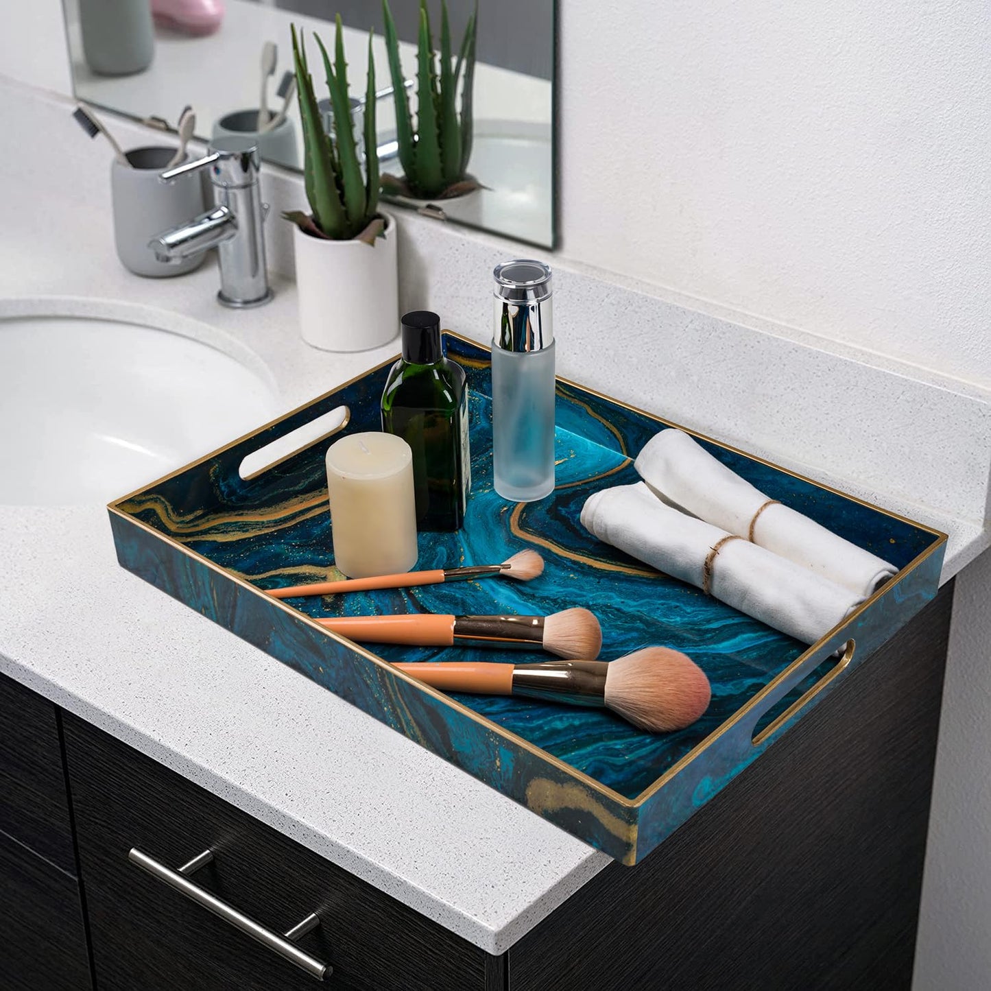 MAONAME Plastic Decorative Tray, Marbling Tray with Handles, Rectangular Coffee Table Trays, Blue Serving Trays for Ottoman, Bathroom, 15.7” x 11.8”