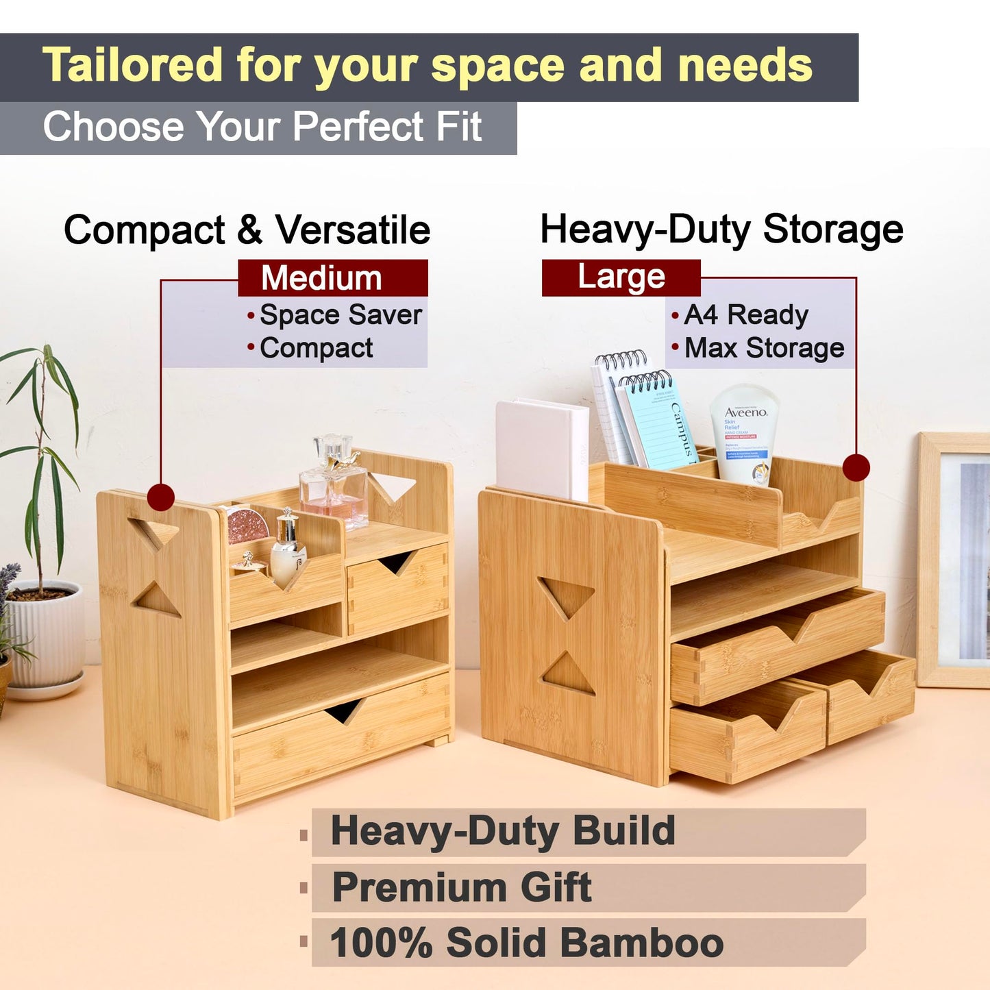 Pandorama Bamboo Desk Organizer Medium - Drawers & Adjustable File Holder, Fully Assembled Wood Desktop Storage for Kitchen, Bedroom, Bathroom, Study Room