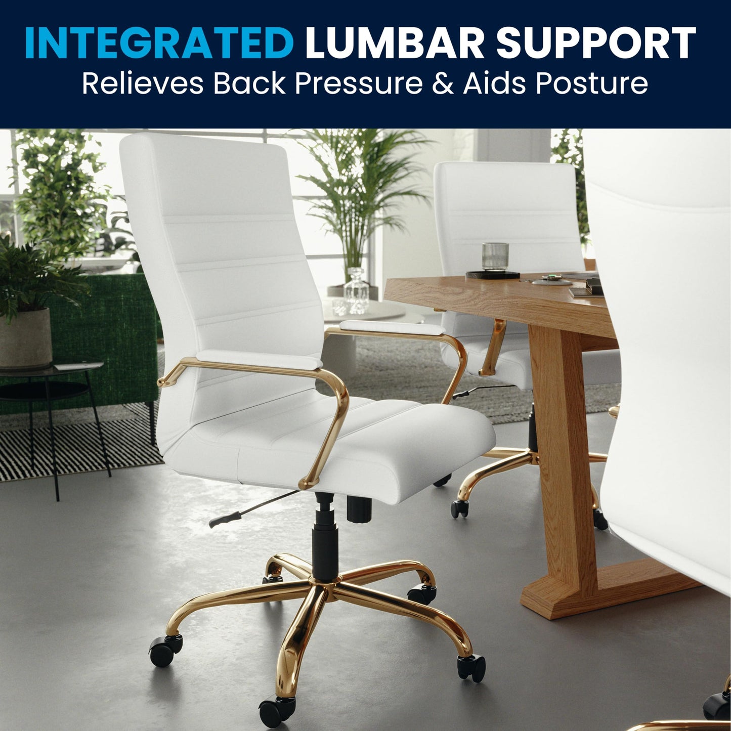 Flash Furniture Whitney Mid-Back Swivel LeatherSoft Desk Chair with Padded Seat and Armrests, Adjustable Height Padded Office Chair, 27"D x 26"W x 43"H, White/Gold