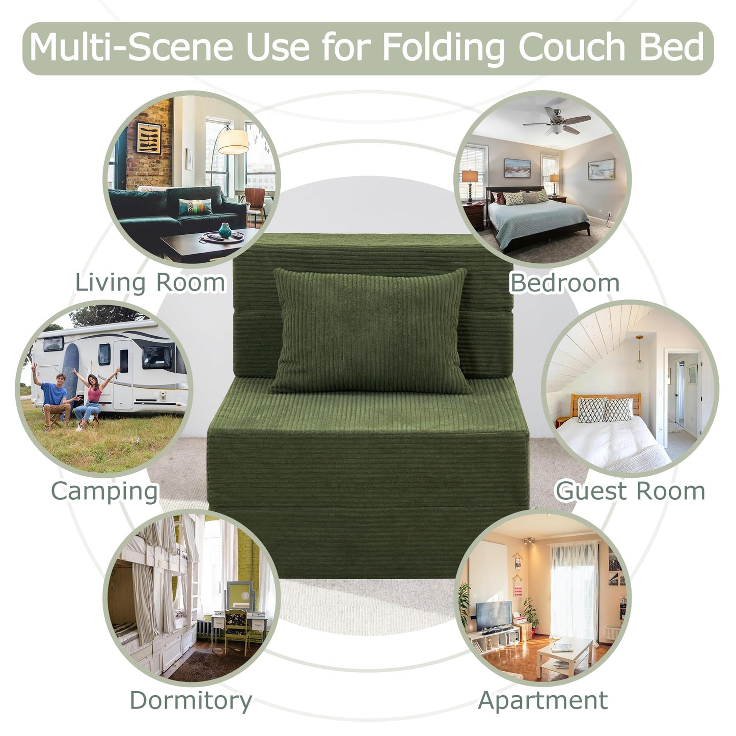 HILERO Folding Sofa Bed, 4 in 1 Convertible Sleeper Chair with Pillow, Single Memory Foam Fold Out Chair Bed, Modern Floor Futon Sofa Couch Mattress for Living Room/Guest/Apartment, Green