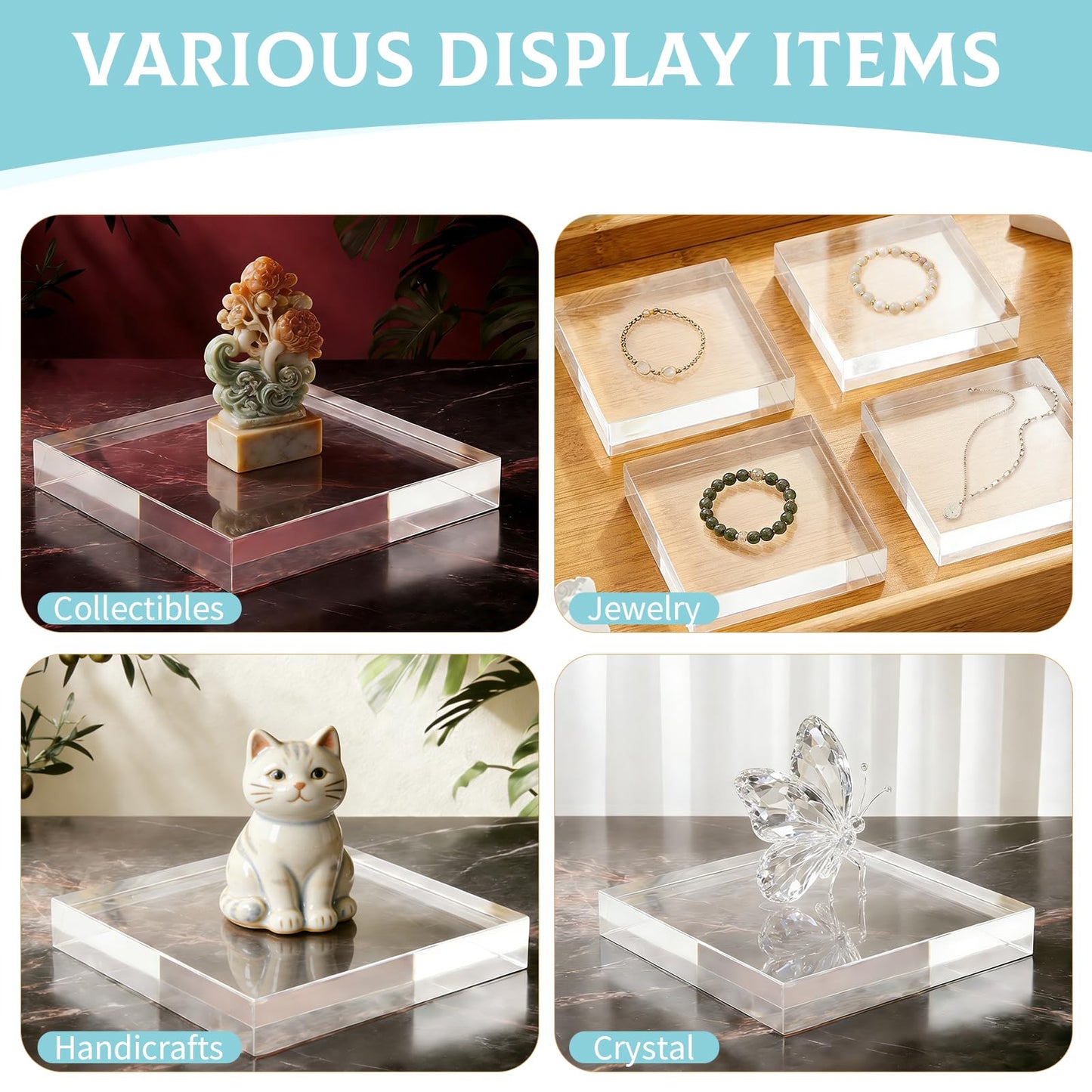 FUPMILPHRANX 4 PCS Acrylic Display Blocks 6 x 6 x 1 Inches Clear Polished Acrylic Cube Riser Square Base Stand Solid Pedestal Stand for Jewelry, Rings, Trophies, Food and Collectibles Display
