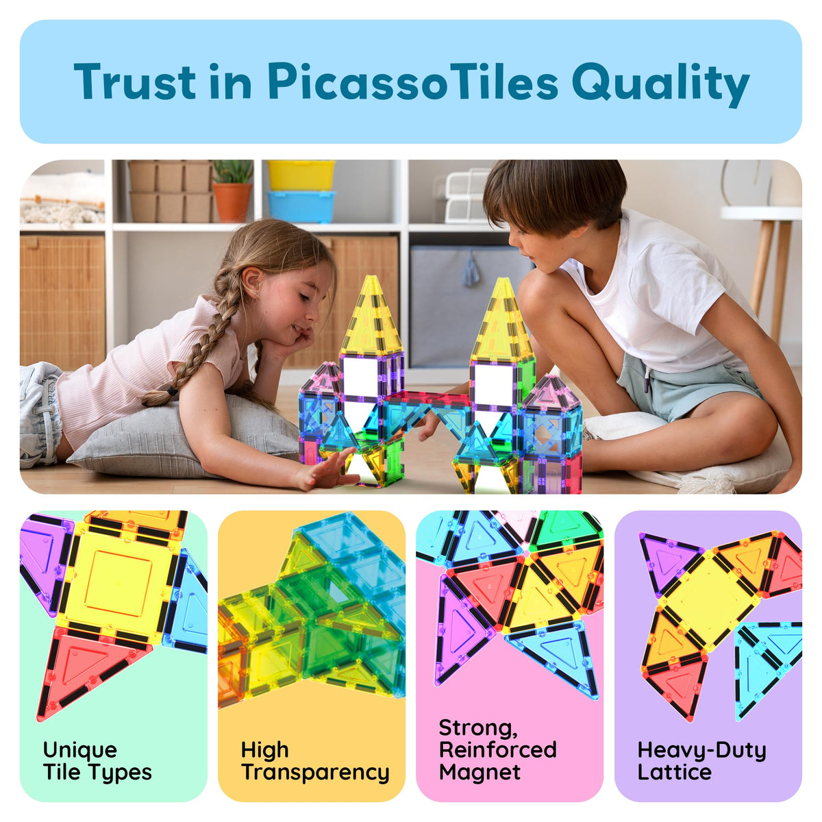 PicassoTiles Magnetic Tiles 152pcs Mirror Theme Magnet Tile Building Blocks STEM Sensory Toys with Car for Kids Toddlers Boys Girls Age 3+ Educational Learning Construction Play Set PT152