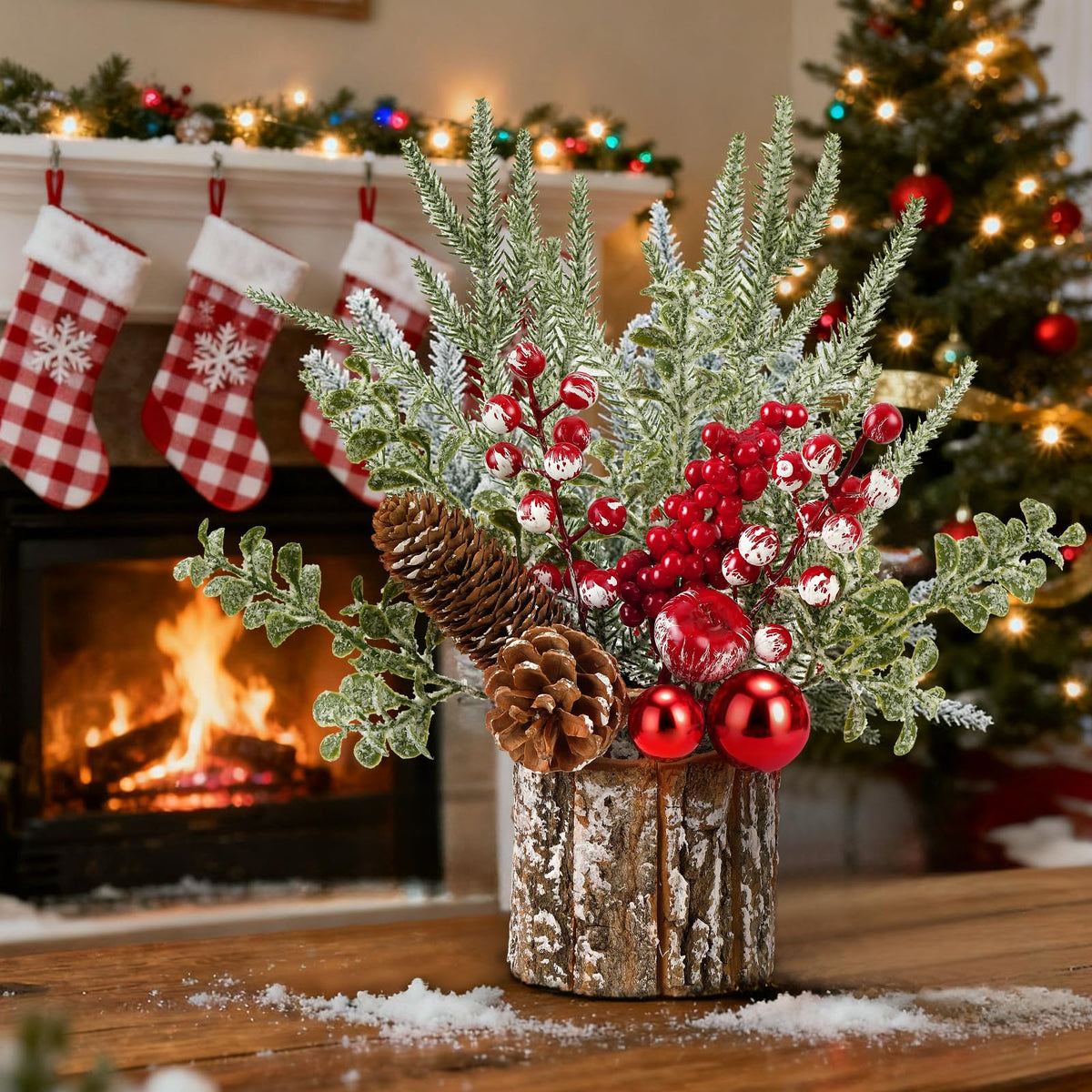 Shaxcoq Christmas Centerpieces for Tables – Tabletop Christmas Decorations with Pine, Cones & Berries – Indoor Holiday Decors for Home, Office, Kitchen or Fireplace Mantel