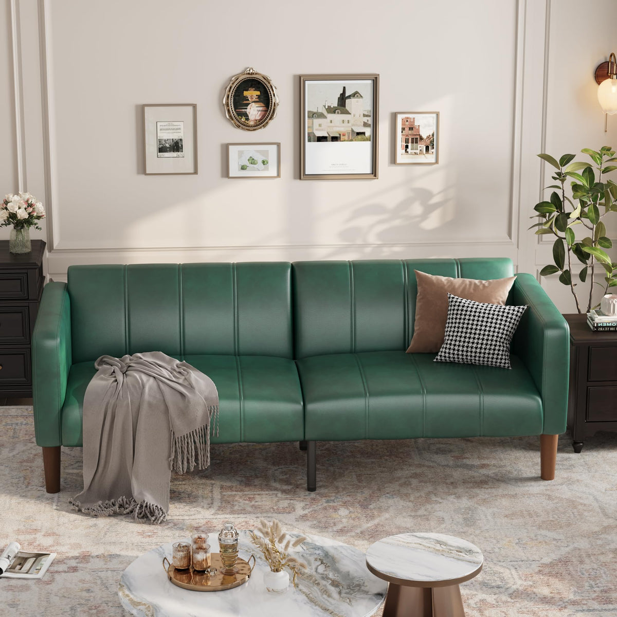 GarveeHome Futon Sofa Bed, 75-Inch Modern Faux Leather Convertible Couch, Mid-Century Loveseat for Small Space, Living Room, Bedroom, Green
