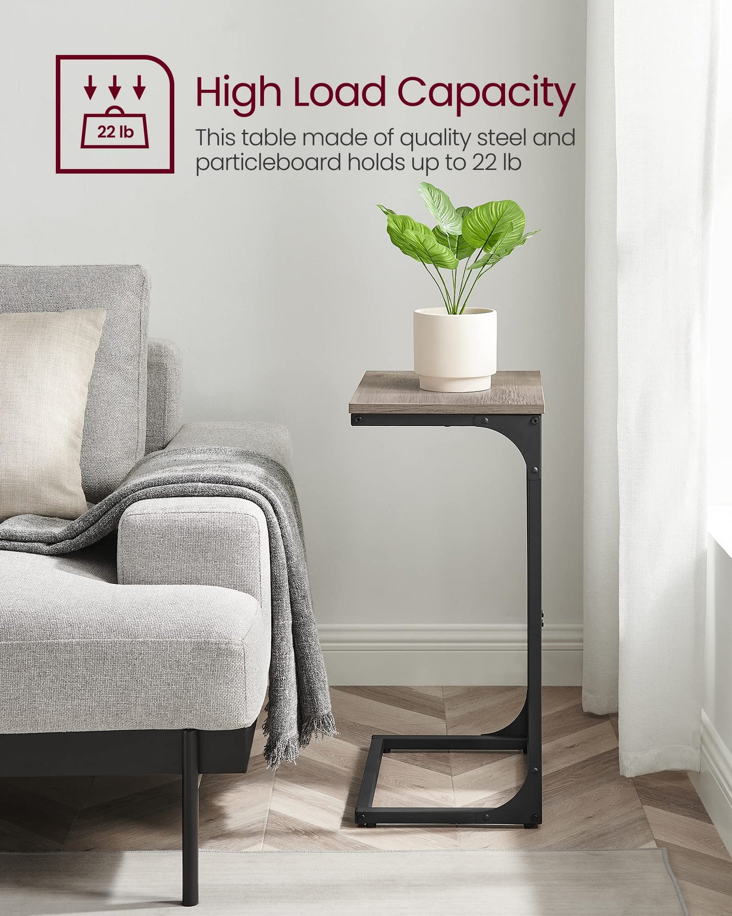 VASAGLE C-Shaped End Table, Side Table for Sofa, Couch Table with Metal Frame, Small TV Tray Table for Living Room, Bedroom, Greige and Black ULET353B02