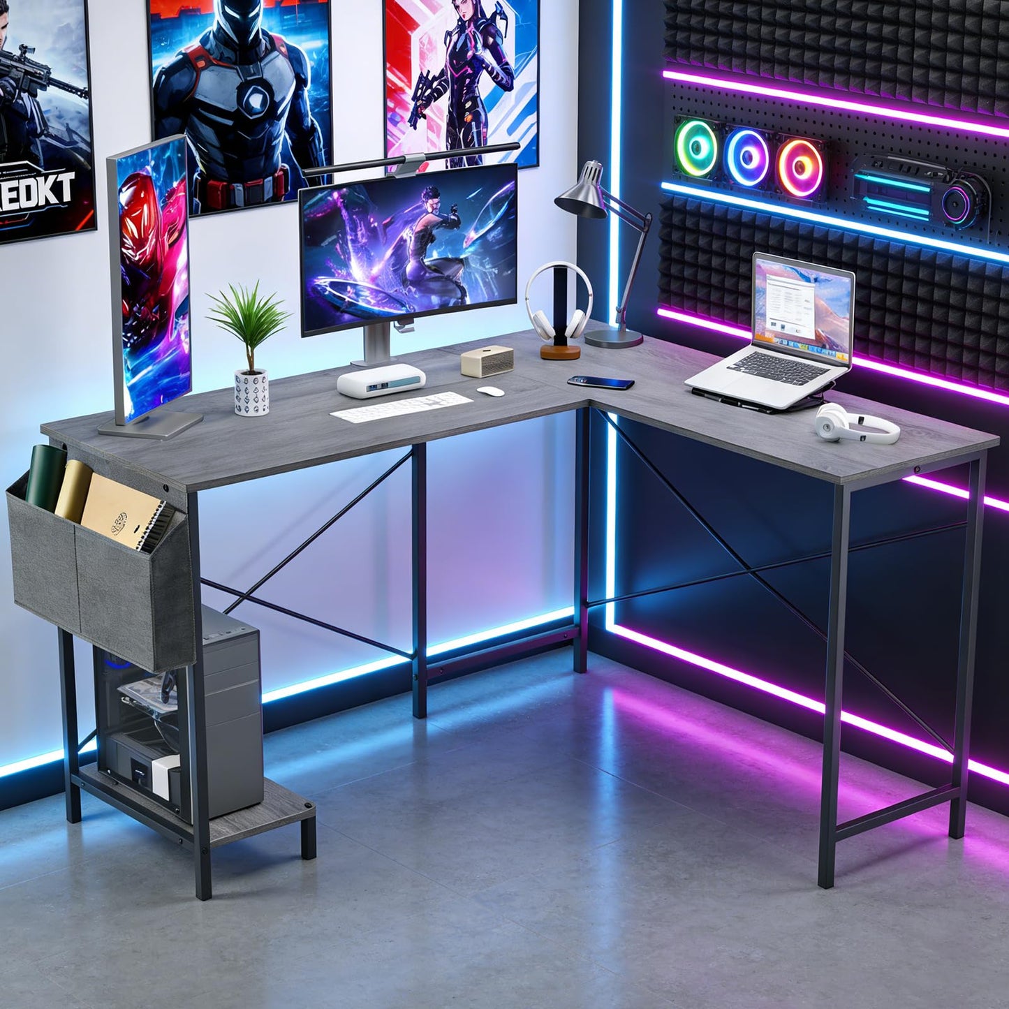Sagenest L Shaped Desk, 50 Inch Reversible Computer Desk Corner Gaming Table with CPU Stand & Storage Bag, Sturdy Metal Frame PC Workstation for Home Office