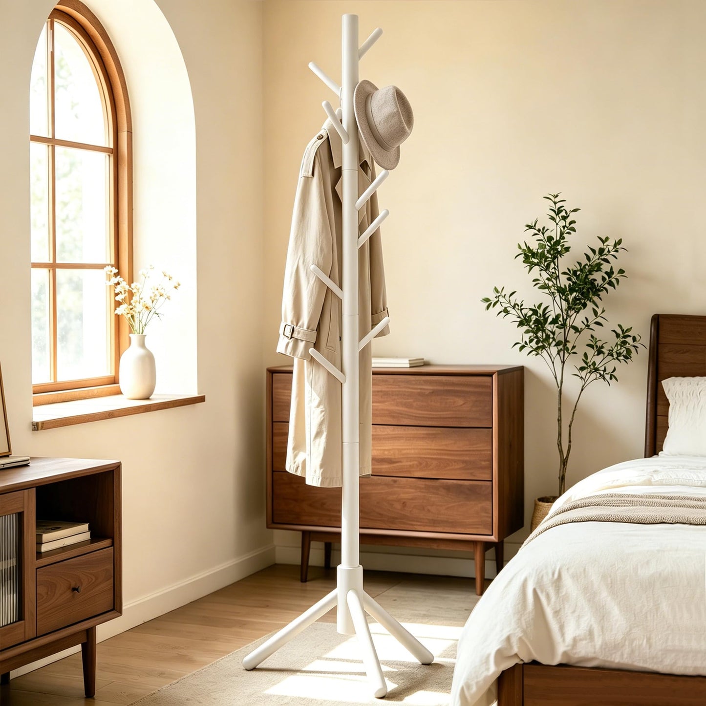 Freyawin Wooden Coat Rack Freestanding with 8 Hooks & 3 Adjustable Sizes for Clothes, Space-Saving Design for Bedroom Office Entrance Holds Hats Coats Scarves Bags