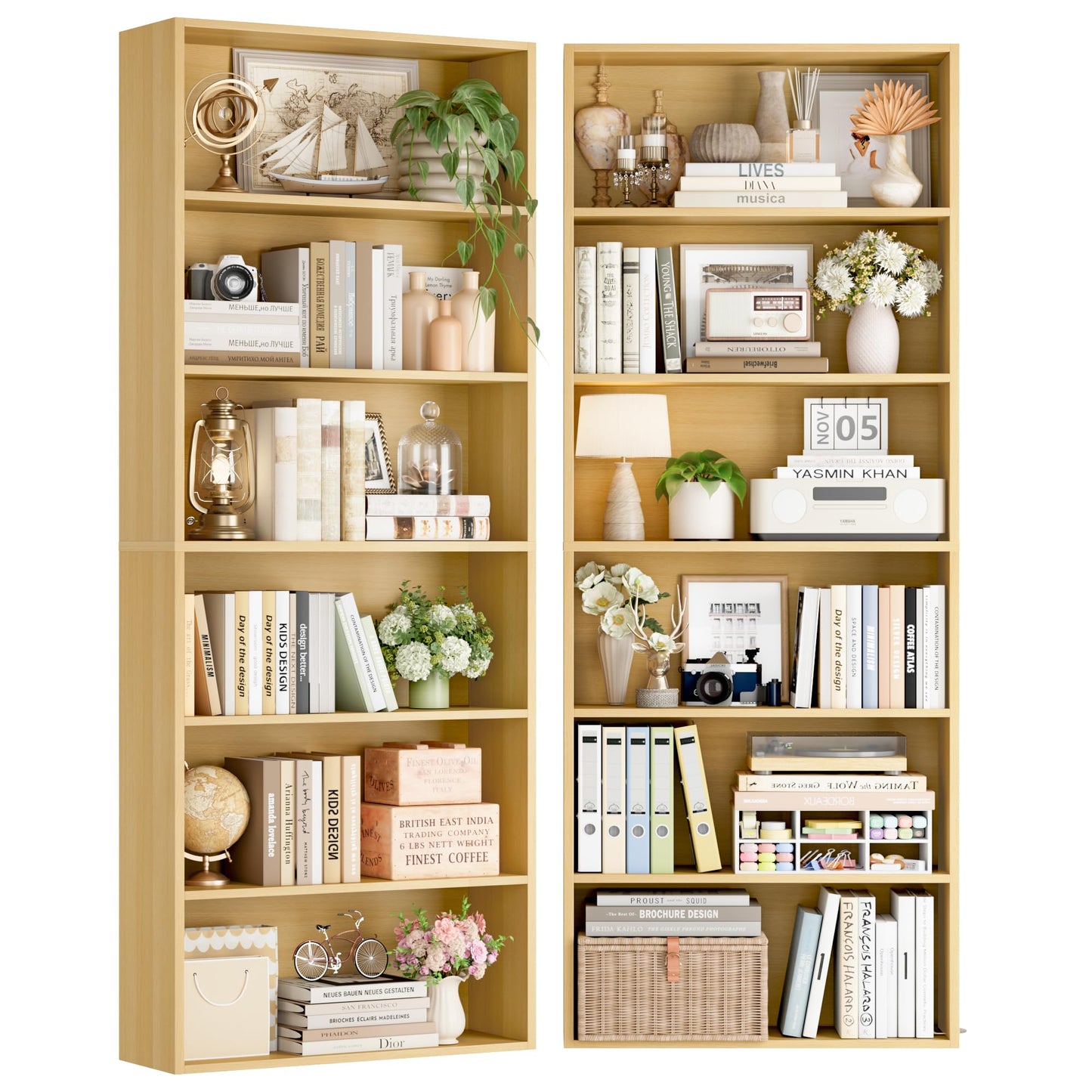 FOTOSOK 6-Tier Open Bookcase and Bookshelf Set of 2, Freestanding Display Storage Shelves Tall Bookcase for Bedroom, Living Room and Office, Natural