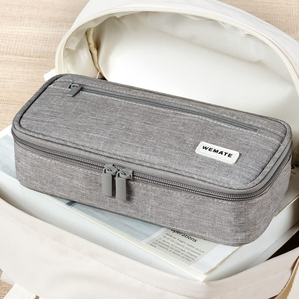 WEMATE Large Pencil Case Aesthetic,Big Capacity Canvas Pencil Pouch with Zipper, Pencil Case for Women & Men, Marker Pen Case,Portable Pencil Bag for Office Light Grey