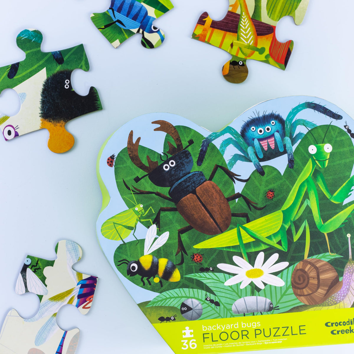 Crocodile Creek 36-Piece Jigsaw Floor Puzzle - Fun Floor Puzzles for Kids Ages 3-5 - Heavy-Duty Shaped Box for Storage - Backyard Bugs - 24" W x 18" H Finished