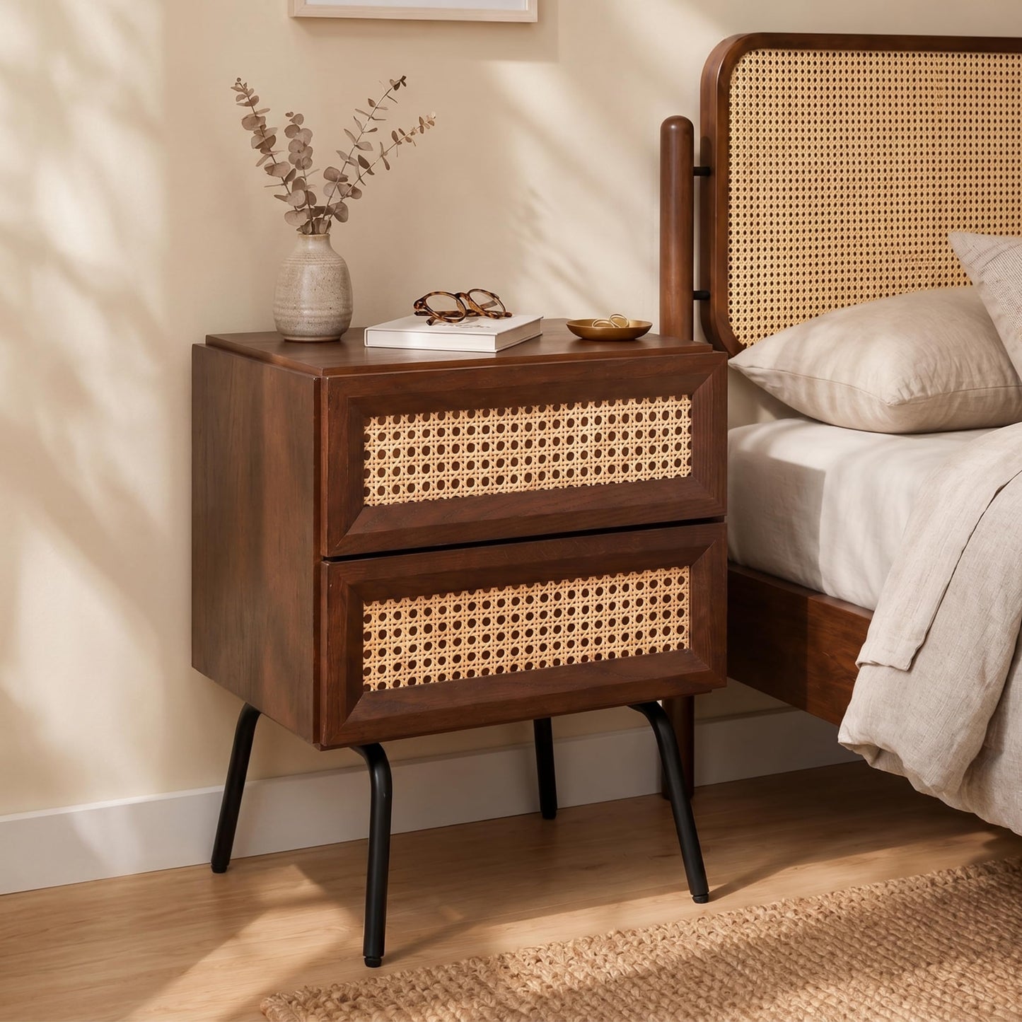 NTC Solid Oak Drawer Face Lulu Nightstand with Natural Rattan Drawer, Mid-Century Side Table for Bedroom, Bedside Furniture, End Table – Waterproof, Heat Resistant, Easy to Assemble – Dark Walnut