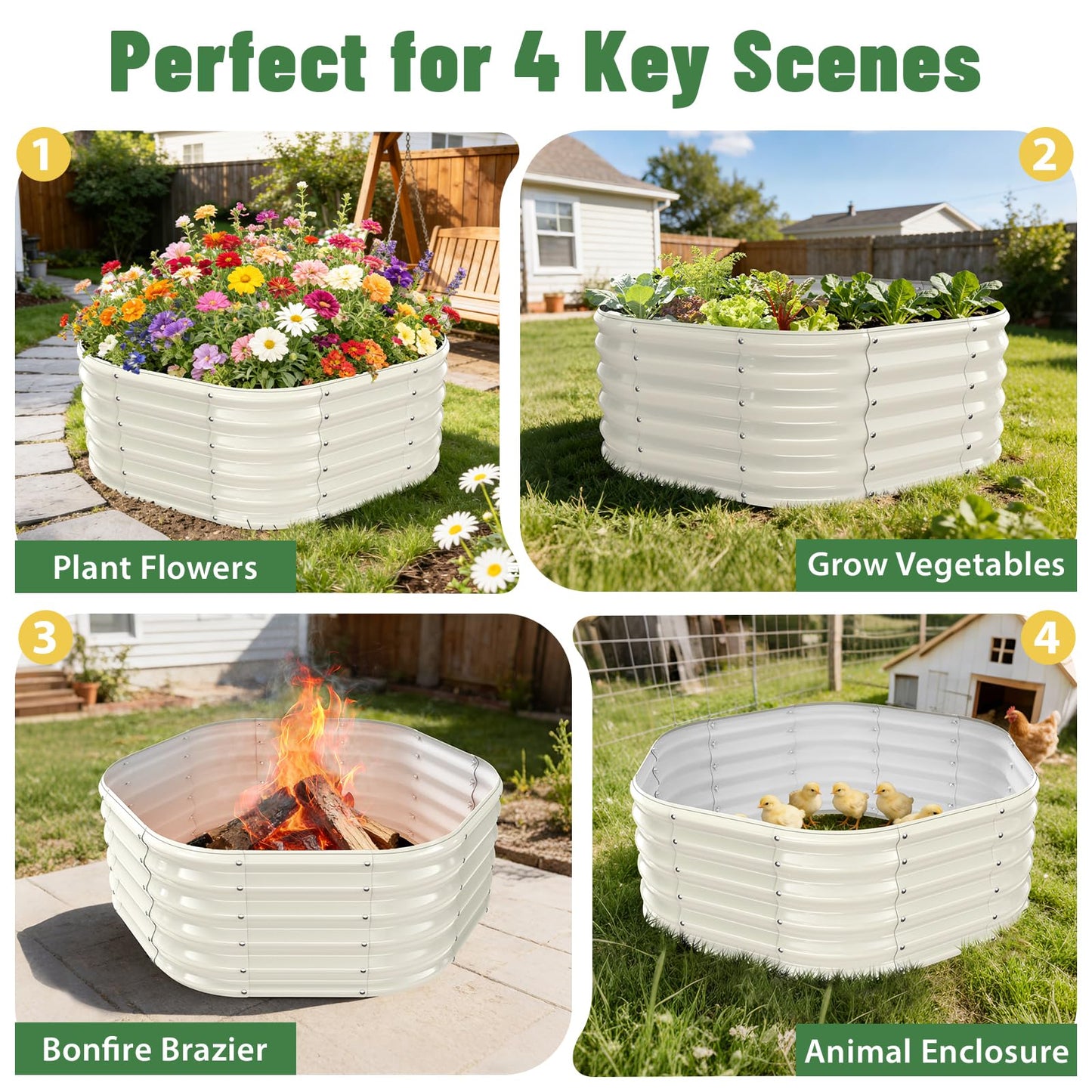 Hexagon Raised Garden Bed, 48 Inch Diagonal & 16.5 Inch Tall, Galvanized Steel Planter Box with Wave-Shaped Metal Panels for Outdoor Flower,Tree,Herb & Vegetable Garden (Cream white, 4FT X 1.5FT)