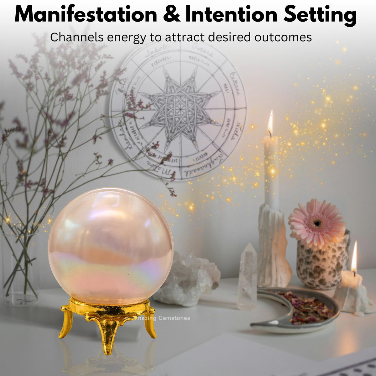 Amazing Gemstone Angel Aura Rose Quartz Crystal Ball with Stand - 1.5" Inches Crystal Sphere Meditation Balls for Witchcraft and Decorative Balls