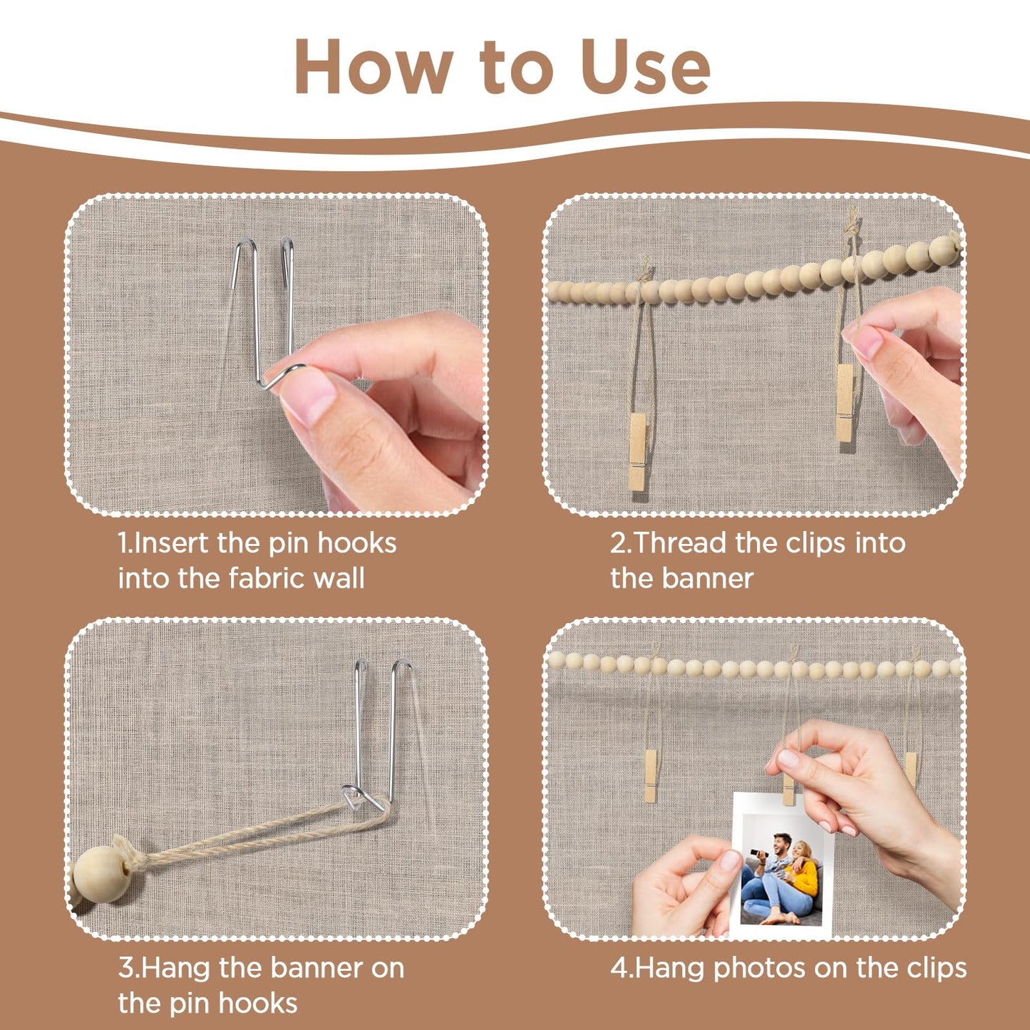 Office Cubicle Hanging Photo Display with Clips, 9 Wood Clips,2 Cubicle Clips for Fabric Wall, Photo Hanger for Boho Office Cubicle Decor, Boho Desk Decor