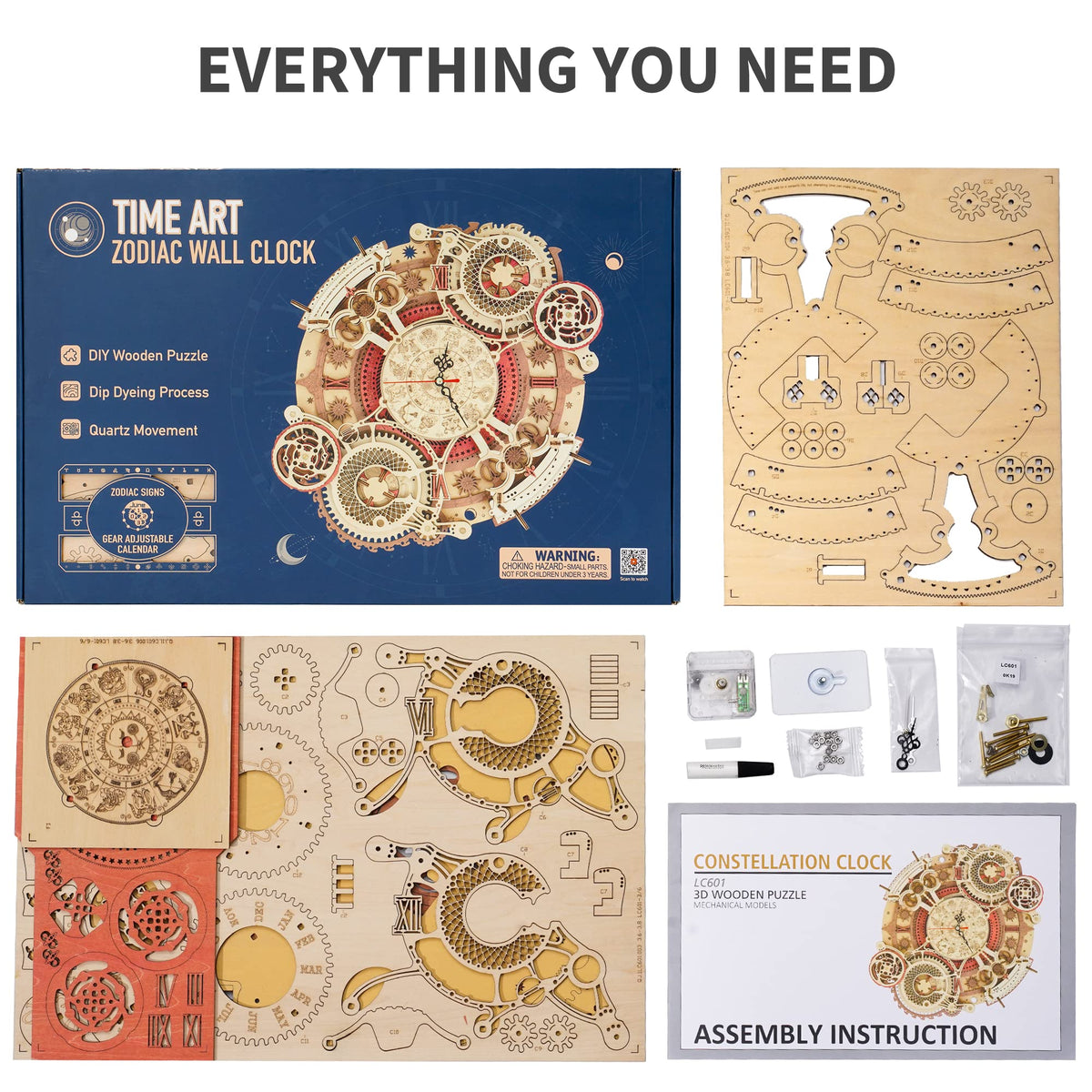 ROKR 3D Wooden Puzzles for Adults-Wooden Clock Puzzle Kit-Wood Model Kits to Build for Adults-Zodiac Wall Clock