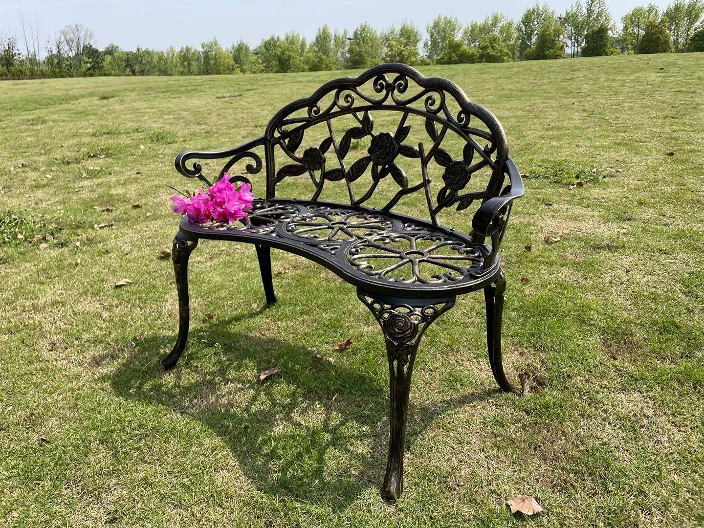Mandolin Outdoor Park Garden Chair,All Chair Anti Rust Cast Aluminum Patio Yard Bench,Carved Rose Loveseat Bench for Backyard .Porch.Balcony.Lawn (Copper)