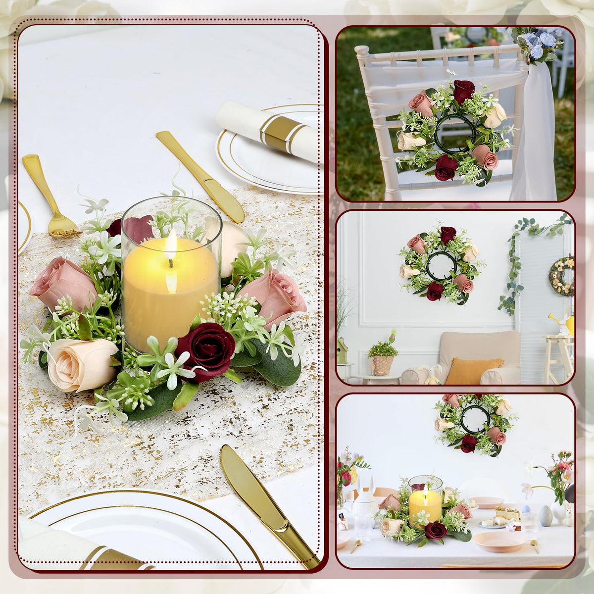 Tobilu 6 Sets Rose Candle Rings Wreaths - Artificial Flowers Rings with Green Leaves LED Flameless Candles for Centerpiece Wedding Home Banquet Party Decor, Burgundy Pink Champagne
