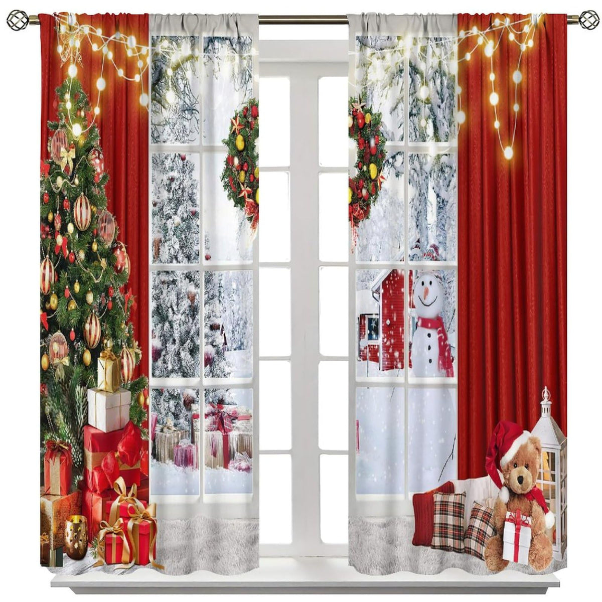 FengMingRui Merry Christmas Curtains Winter Festival Snowman Christmas Tree New Year Christmas Window Treatment Bedroom Living Room Decoration Decor Window Drapes 42" W X 45" L