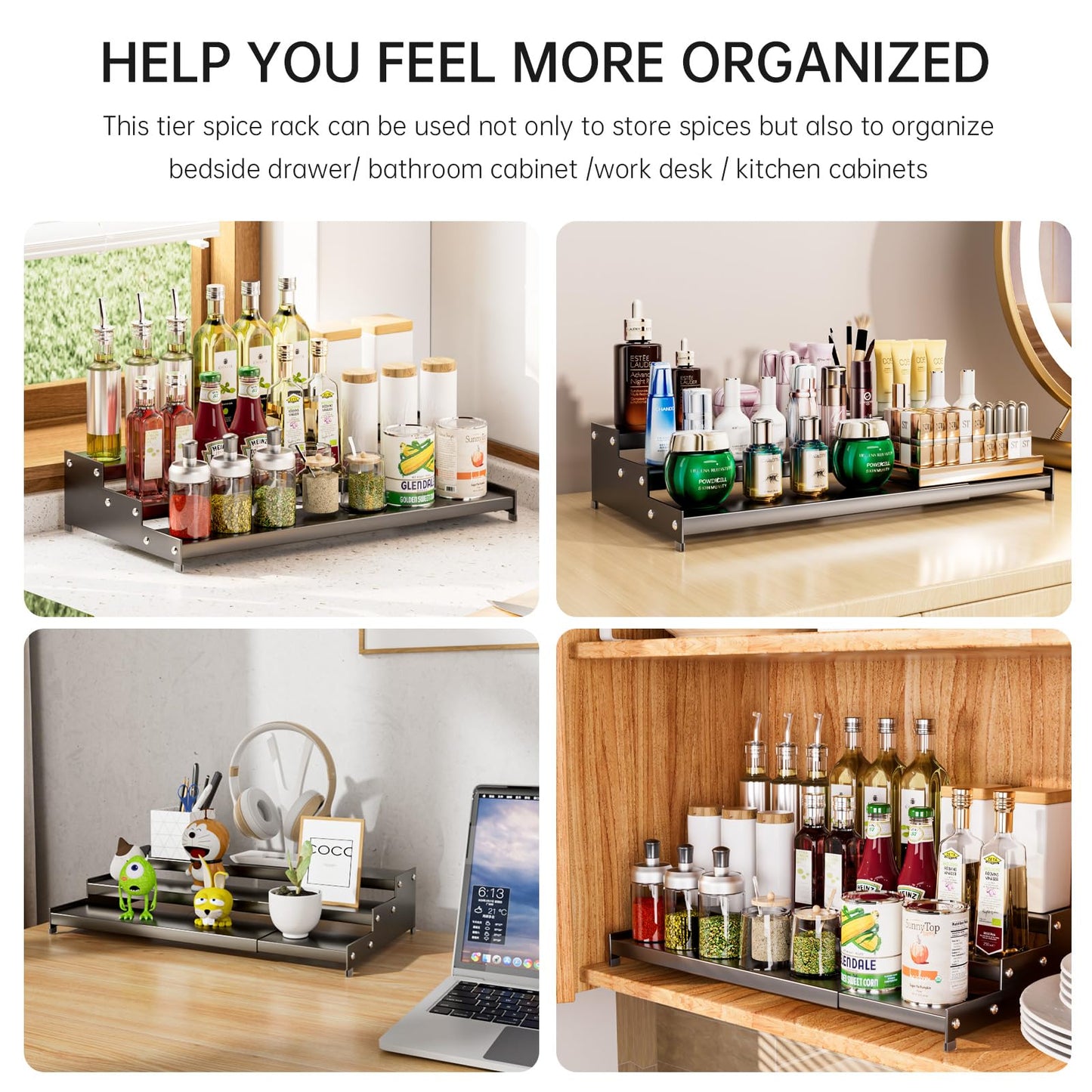 Expandable Carbon Steel Spice Rack Organizer for Pantry, Adjustable 3-Tier Ladder Shelf,Holds Up to 24 Cans,Kitchen Countertop Organizer, Rustproof Storage Rack for Spices, Cans, Sauces & Dry Goods