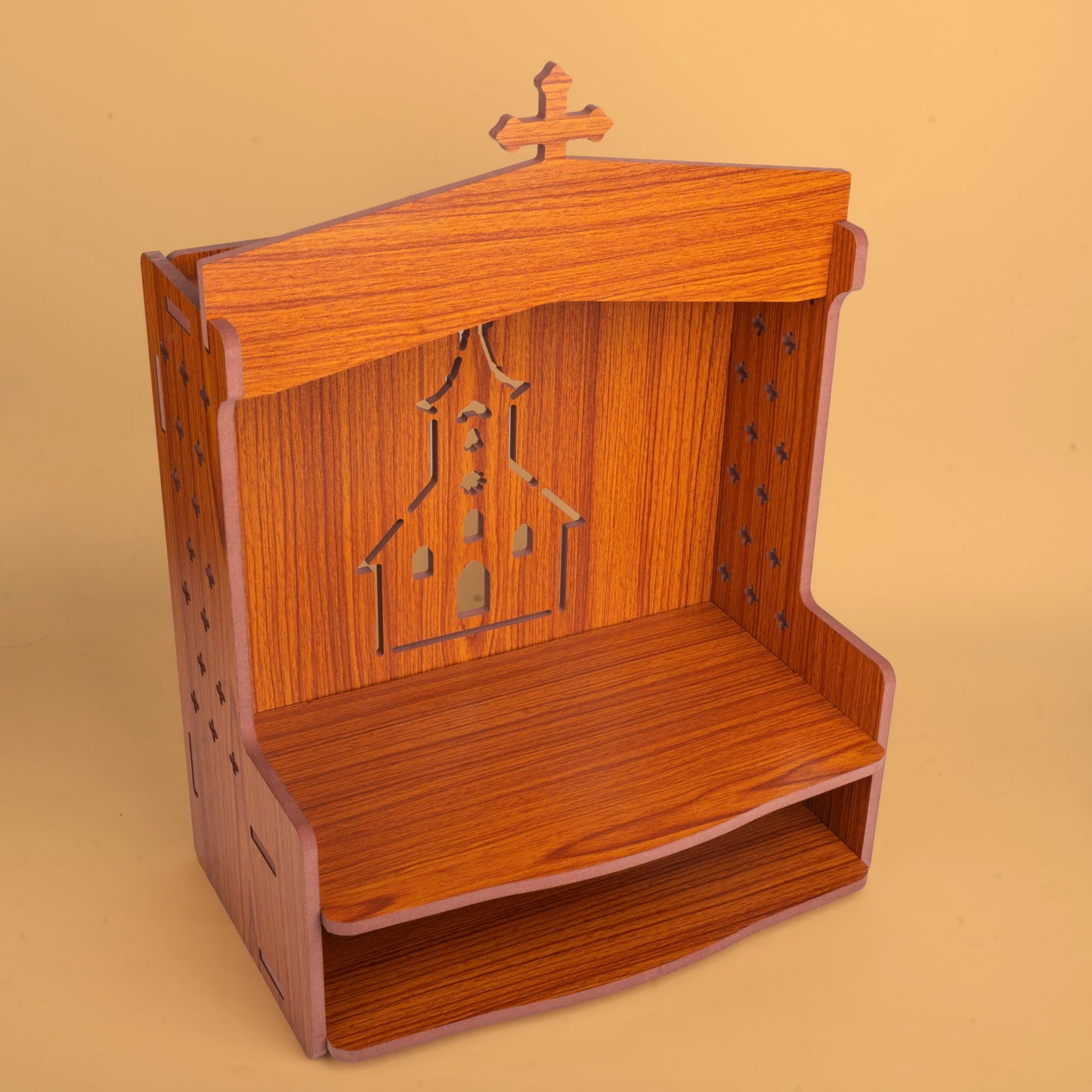 Tarini Gallery Wooden Wall Mounted Hanging Prayer Shelf Table top Religious Décor Scripture Display Storage for Home Office and Gifting (Brown Prayer Shelf)