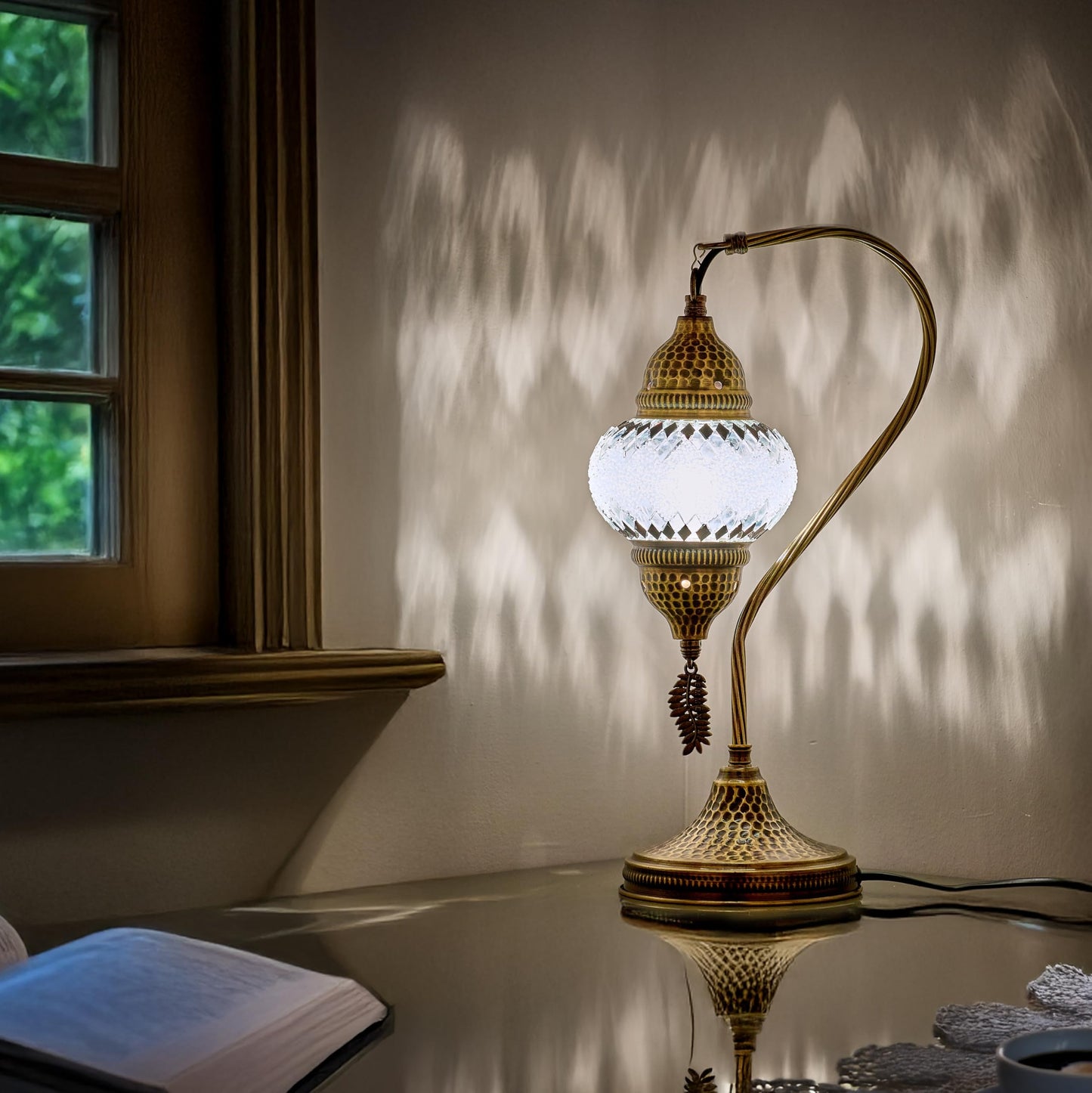 DEMMEX Turkish Moroccan Table Lamp, Swan Neck Tiffany Style Mosaic Glass Table Desk Bedside Lamp for Bedroom, Living Room – Handcrafted in Turkey, White Black