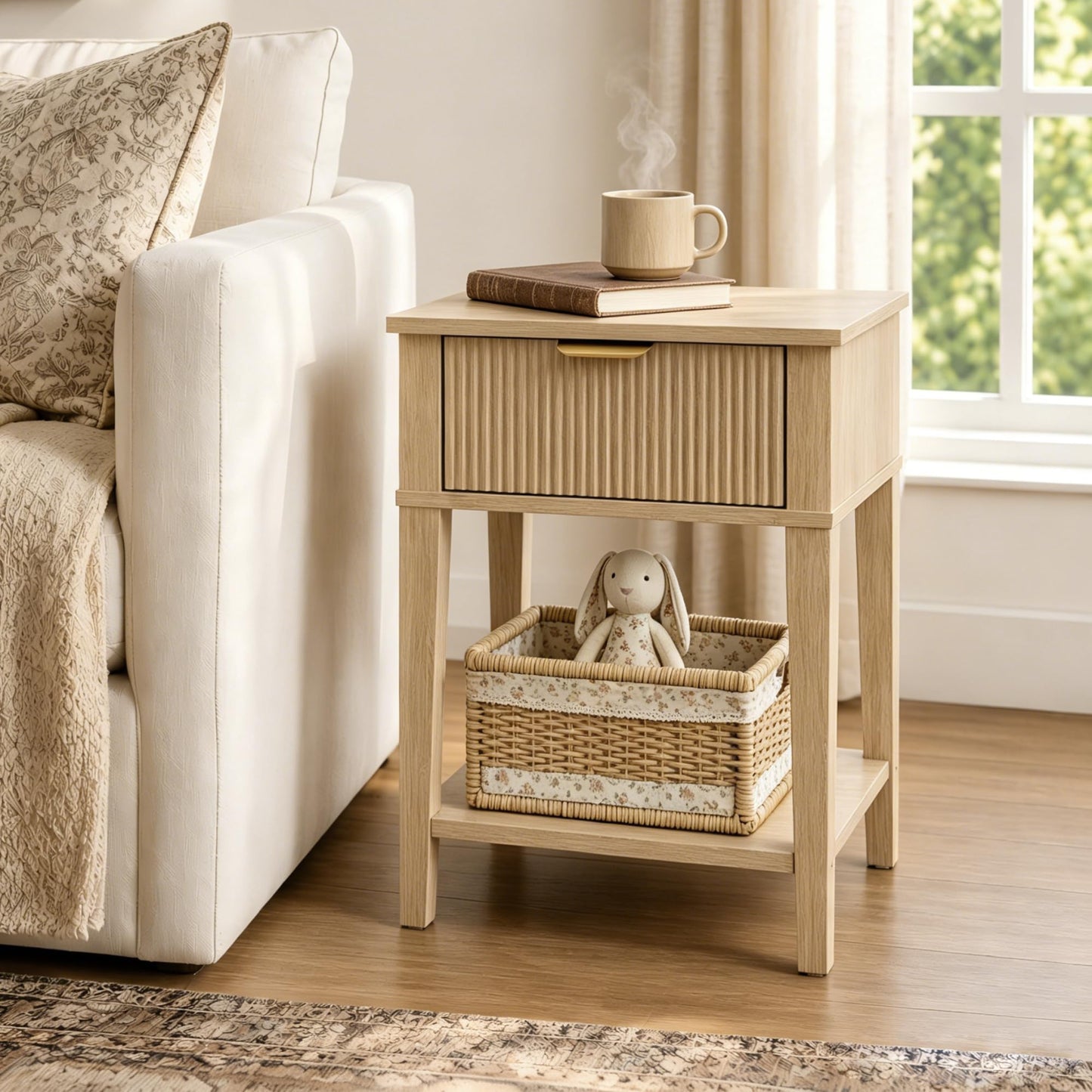 RIHHA Modern Fluted Small Wood Nightstand, 11.8" Deep x 15.4" Narrow Bedside Table with Drawer & Open Shelf, Boho Scandinavian Accent End Table for Bedroom & Sofa - Oak