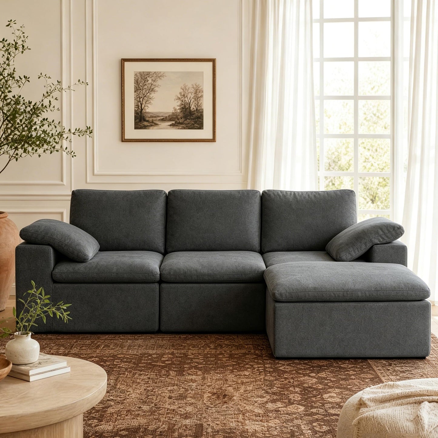 Nigoone 108" Sectional Couches for Living Room, Adjustable Sofa Backrest, Modular Cloud Sofa with Ottoman, Convertible L Shaped Boneless Couch, 4 Seater, Dark Grey Chenille, No Assembly