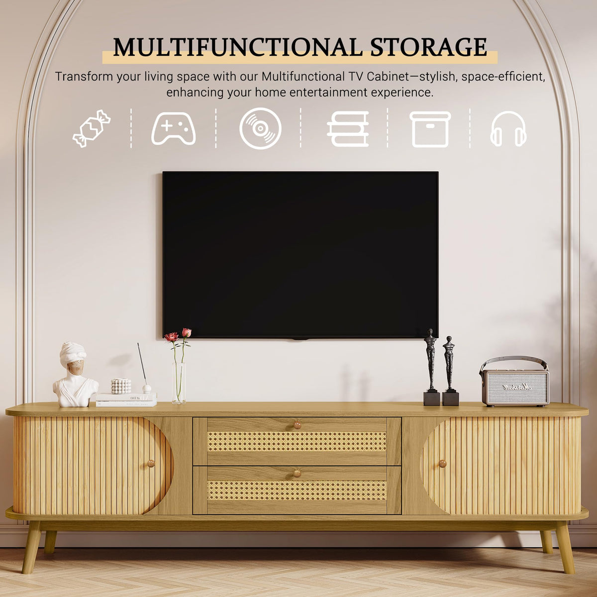 Merax Rattan TV Stand for TVs up to 75", Modern Farmhouse Media Console with Multi-Functional Storage, Boho Entertainment Center with Solid Wood Legs, Television Cabinet for Living Room, Natural+Wood