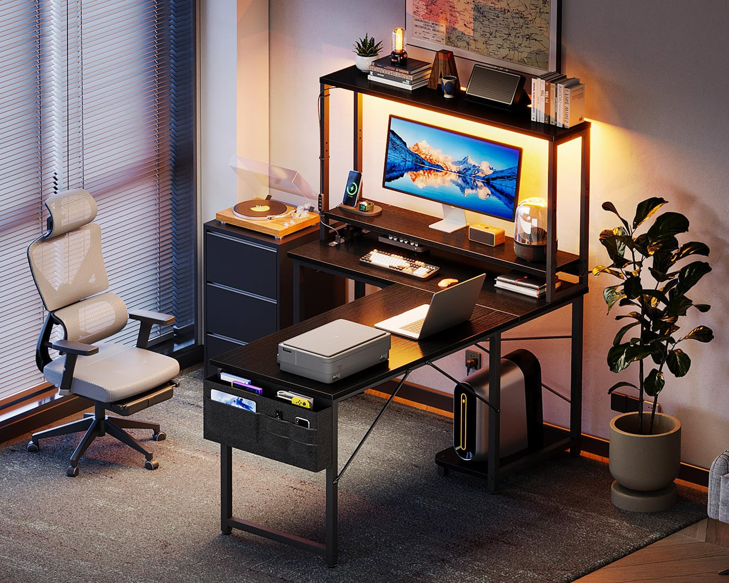 AODK L Shaped Desk Gaming Desk with LED Light & Power Outlet, 43 Inch Reversible L Shaped Computer Table with Shelf, Corner Desk with Storage Bag&Hook for Home Office Desk, Black