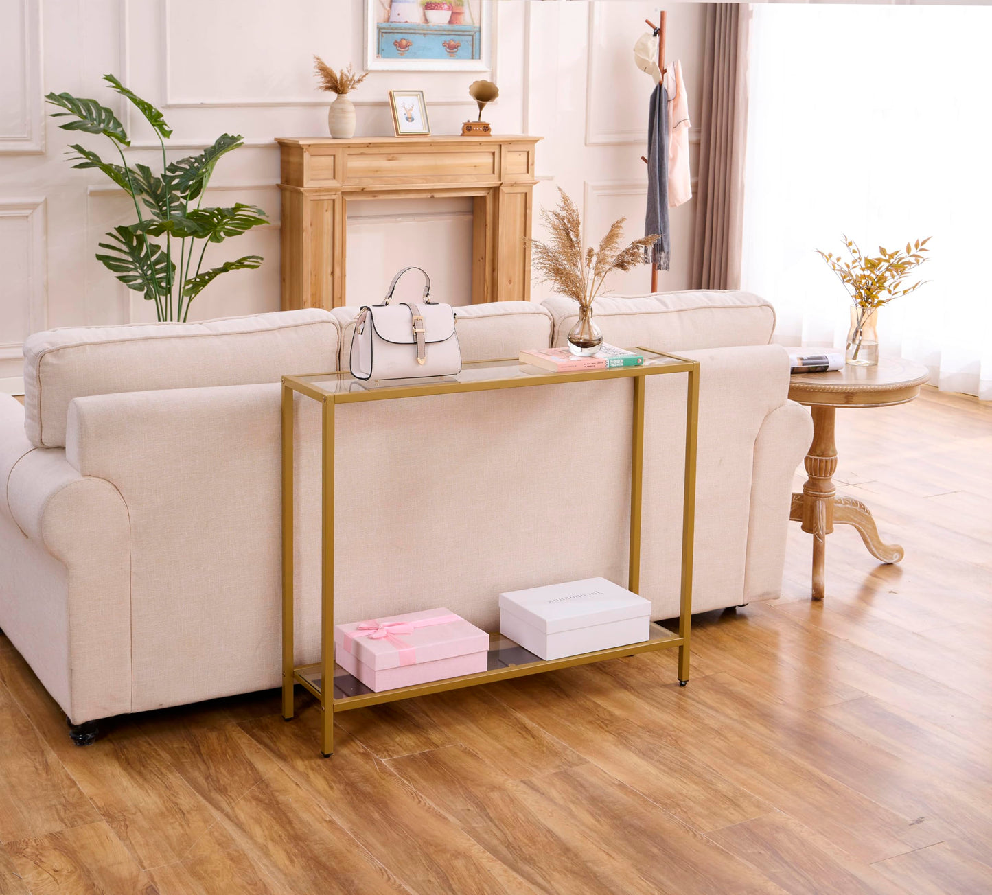 MAJARO Small Modern Console Table for Entryway, Tempered Glass with Metal Frame Sofa Table for Living Room, Hallway, Office (Double-Layer, Gold)