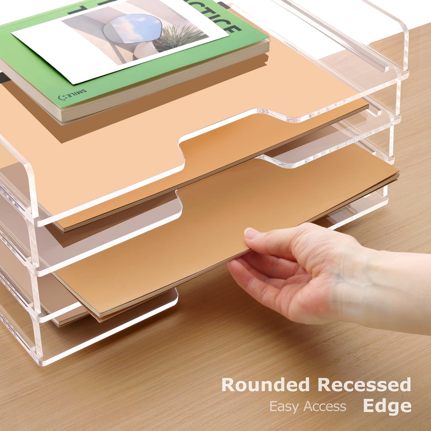 SANRUI Clear Acrylic Paper Tray, 4 Tier Stackable Letter Trays Desk Organizer with Curved Design, Oversized Document File Holder for Home Office Classroom Desktop Storage