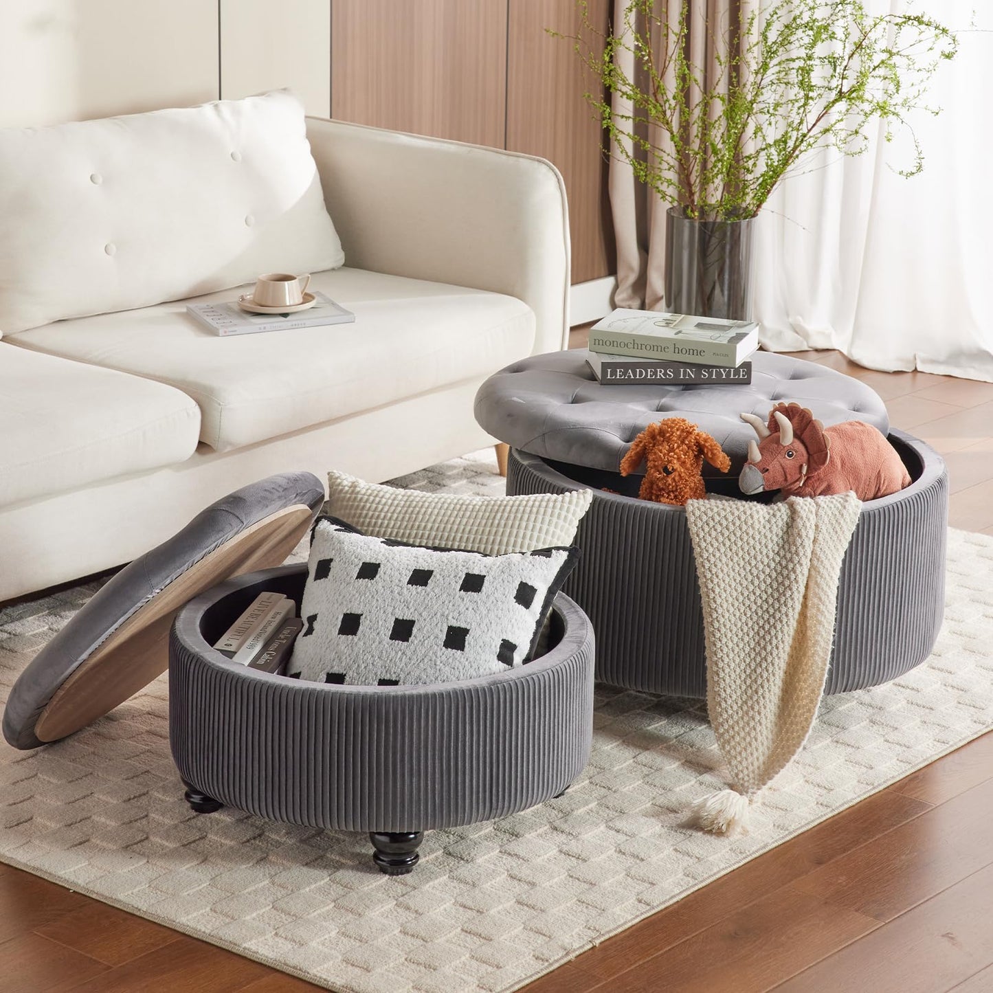 2BYF 29&24.5inch Large Round Storage Ottoman Coffee Table Set of 2 Modern Button Storage Coffee Table with Removable Lid for Living Room Upholstered Footrest Stool for Bedroom (Large-Grey)