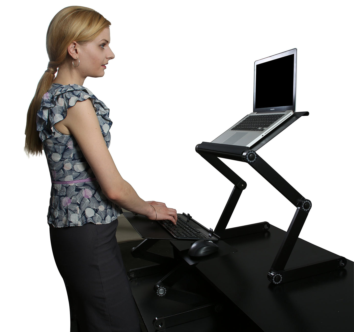 WorkEZ Adjustable Standing Desk Converter w/2 Fans & 3 USB Ports, Sit to Stand Desk Riser Monitor Standing Computer Desk, Height & Angle Negative Tilt