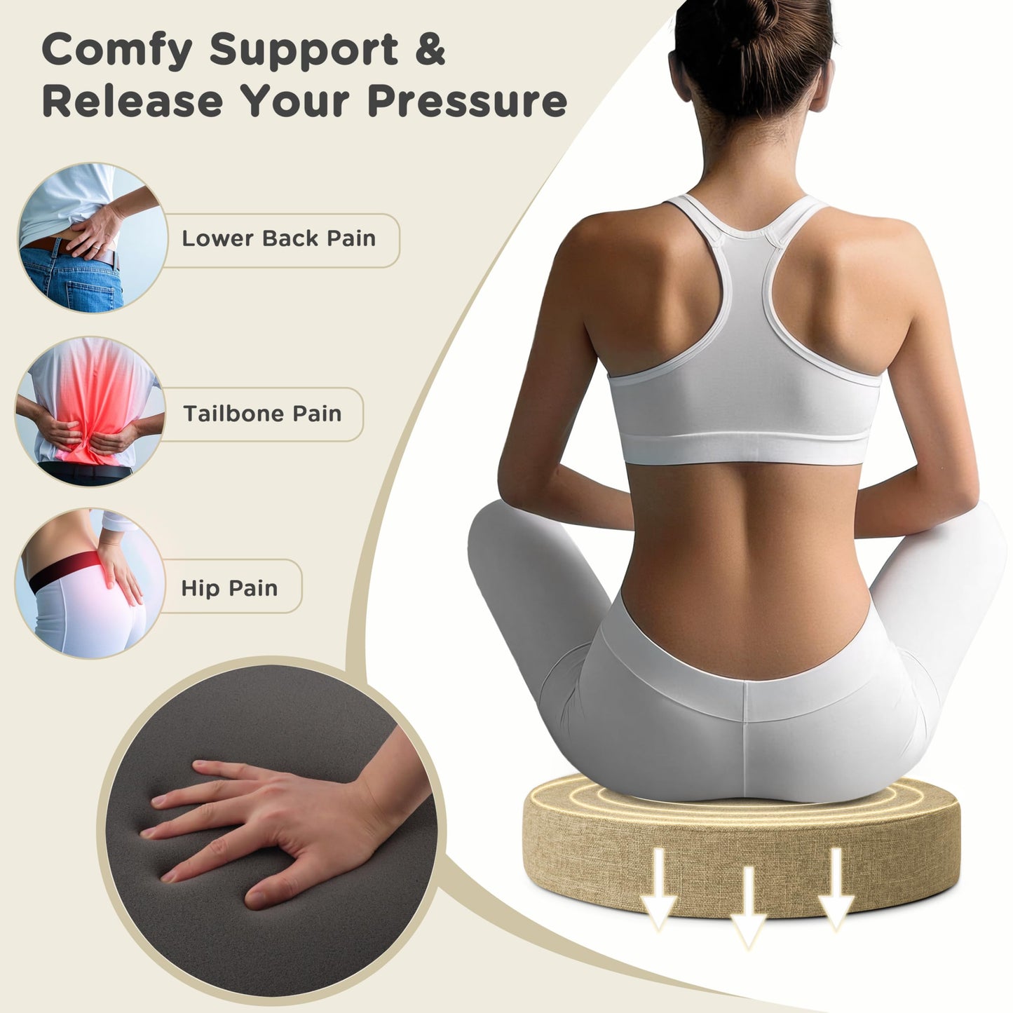 AddGrace 2.5" Thick Non Slip Round Chair Pad 1 Pack, 16" Round Chair Cushion with Machine-Washable Cover and Long Zipper, Seat Cushions for Kitchen, Office, Floor and 16" Ottoman, Beige