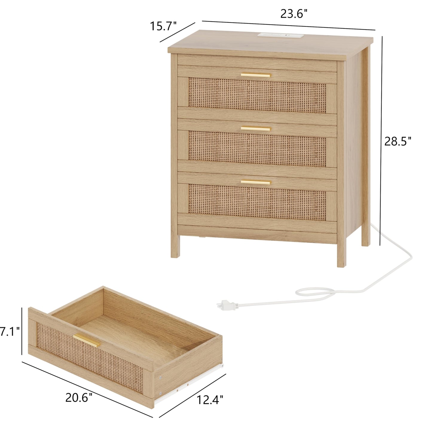 Keehusux Rattan Nightstand with Charging Station, 23.6" Wide Bedside Table with 3 Drawers, Boho Night Stand with Metal Handles, Accent End Table for Bedroom, Guest Room, Natural