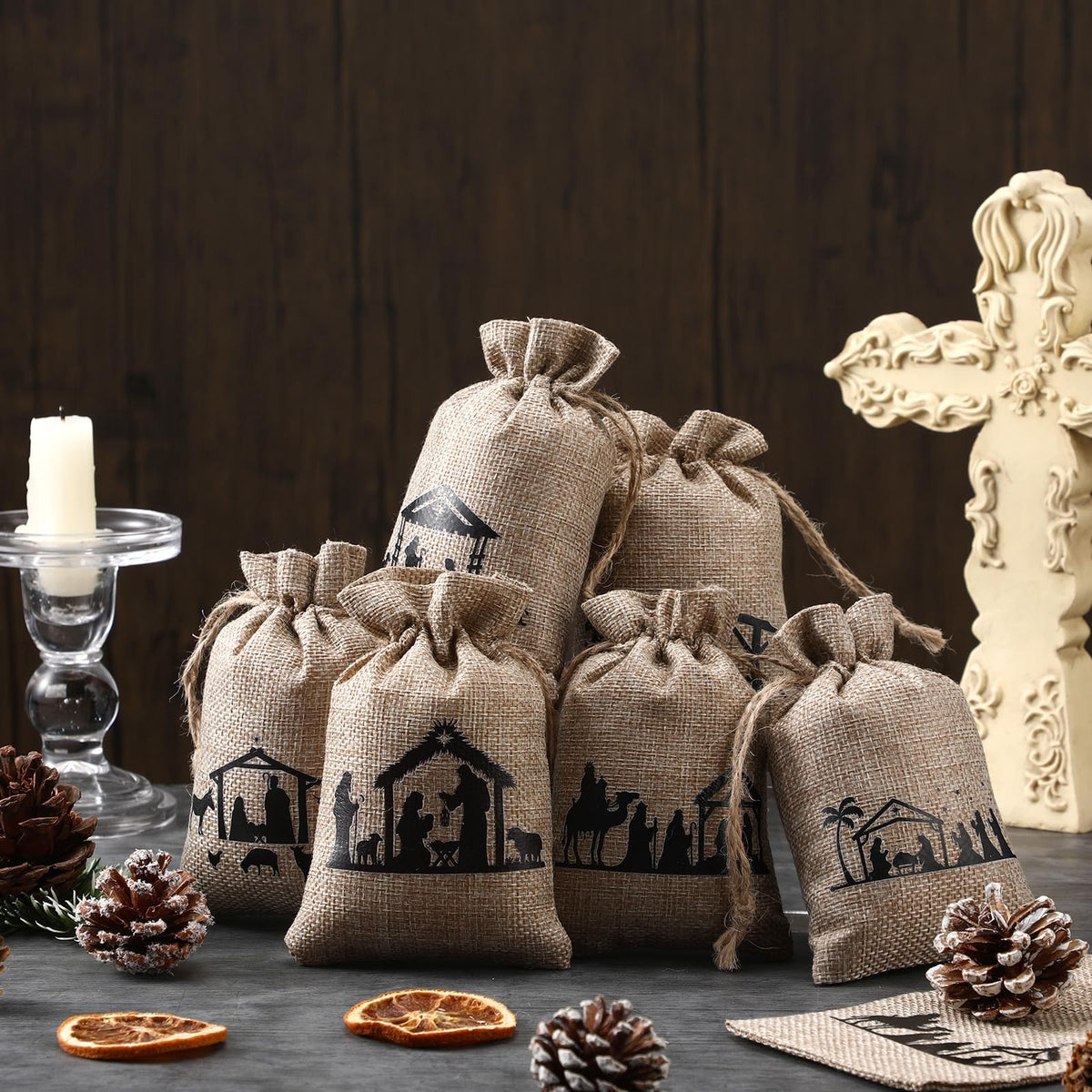 Kinlop 24 Pieces Christmas Nativity Burlap Gift Bags with Drawstrings 6 Designs Christmas Holiday Goody Treat Bags Linen Wrapping Candy Pouches Jewelry Pouches for Xmas New Year Party Favors