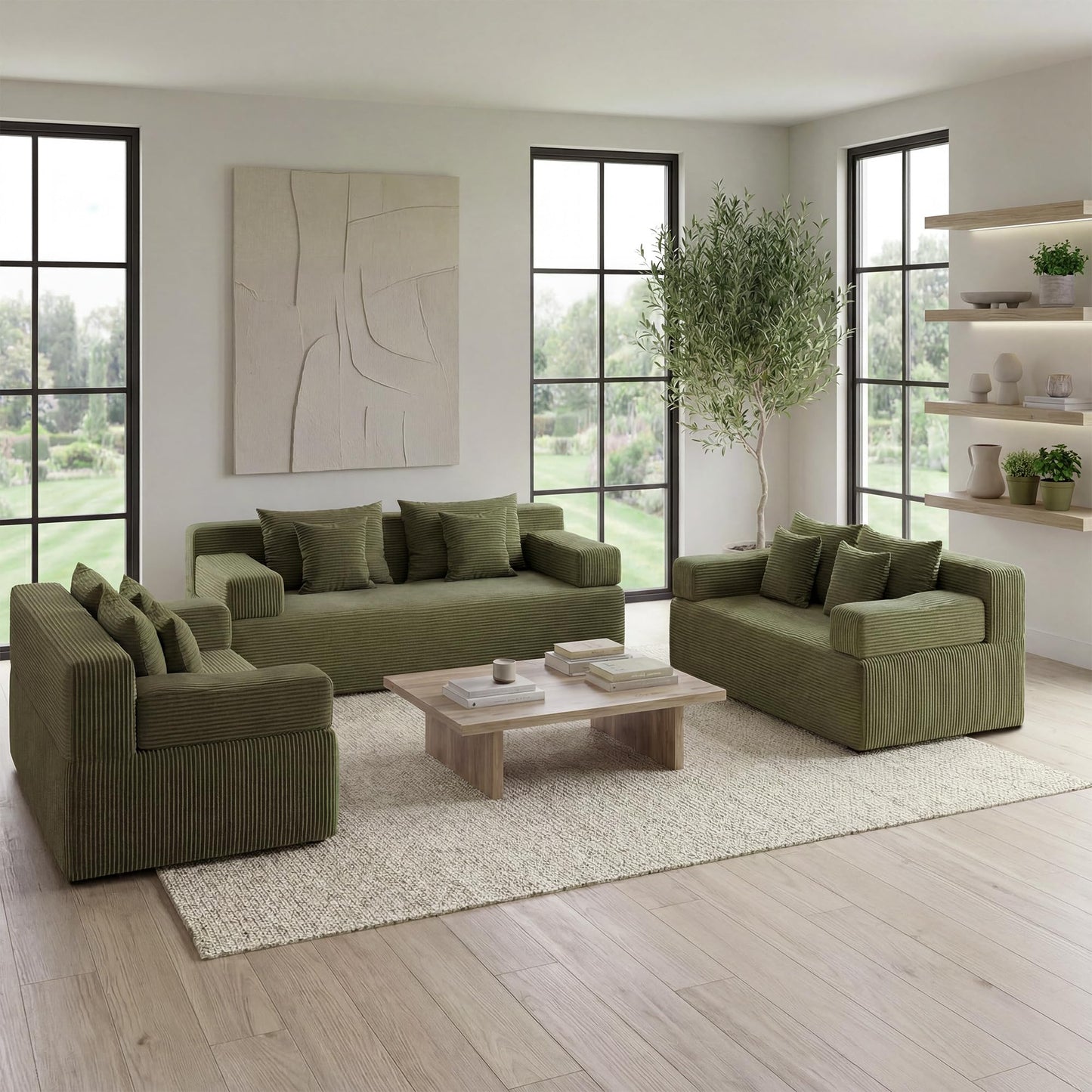 MONVANE 3-Piece Boneless Loveseat Couch Set for Living Room, Oversized Modular Sectional Sofa Set with Removable Armrests, Comfy Corduroy Cloud Couch with 12 Pillows, No Assembly Required, Green