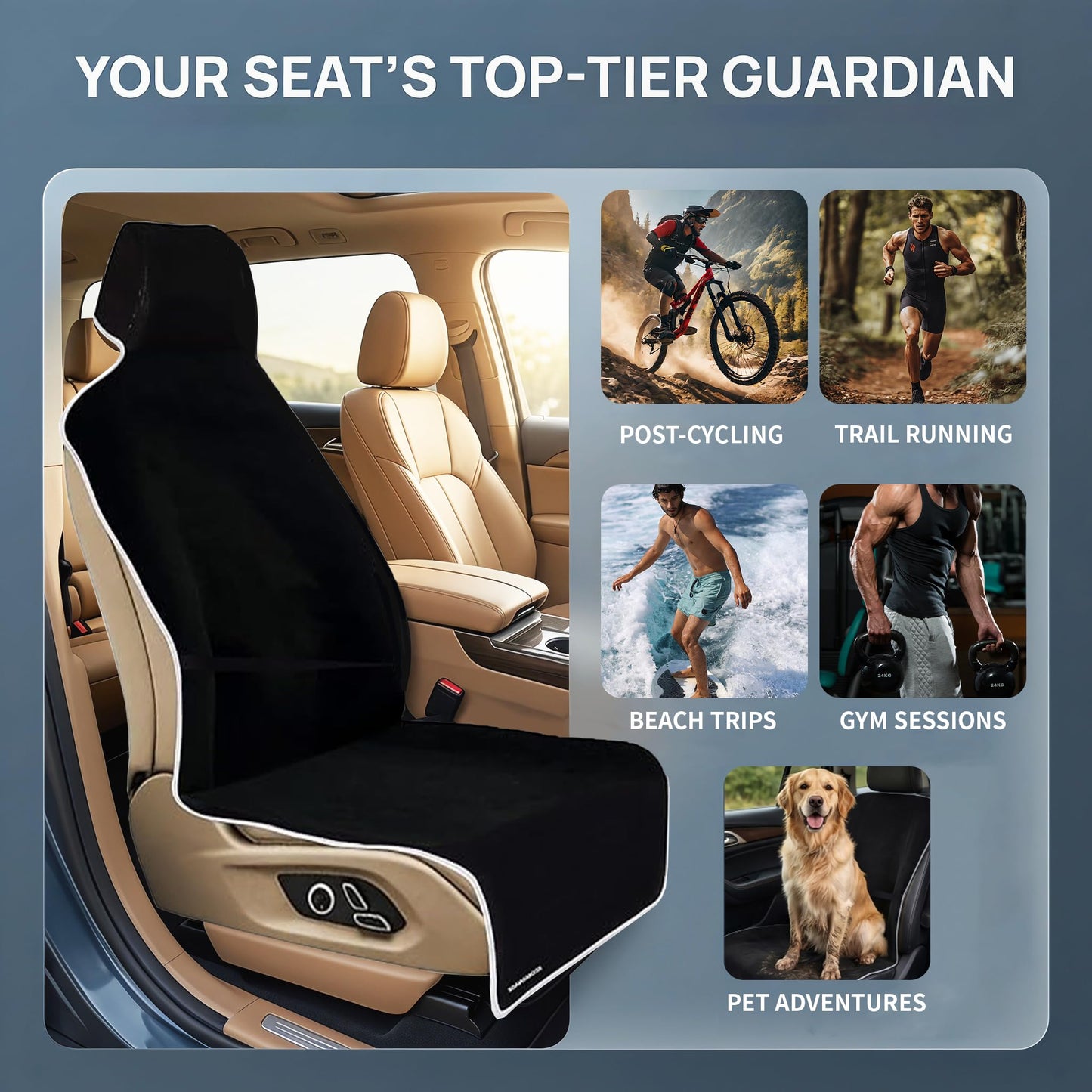 SCOMANAGE Waterproof Stain Resistant Towel Car Seat Covers,Universal Non-Slip for Gym Workout, Swimming, Beach and Workout Outdoor, Machine Washable(Black,2 Pack)