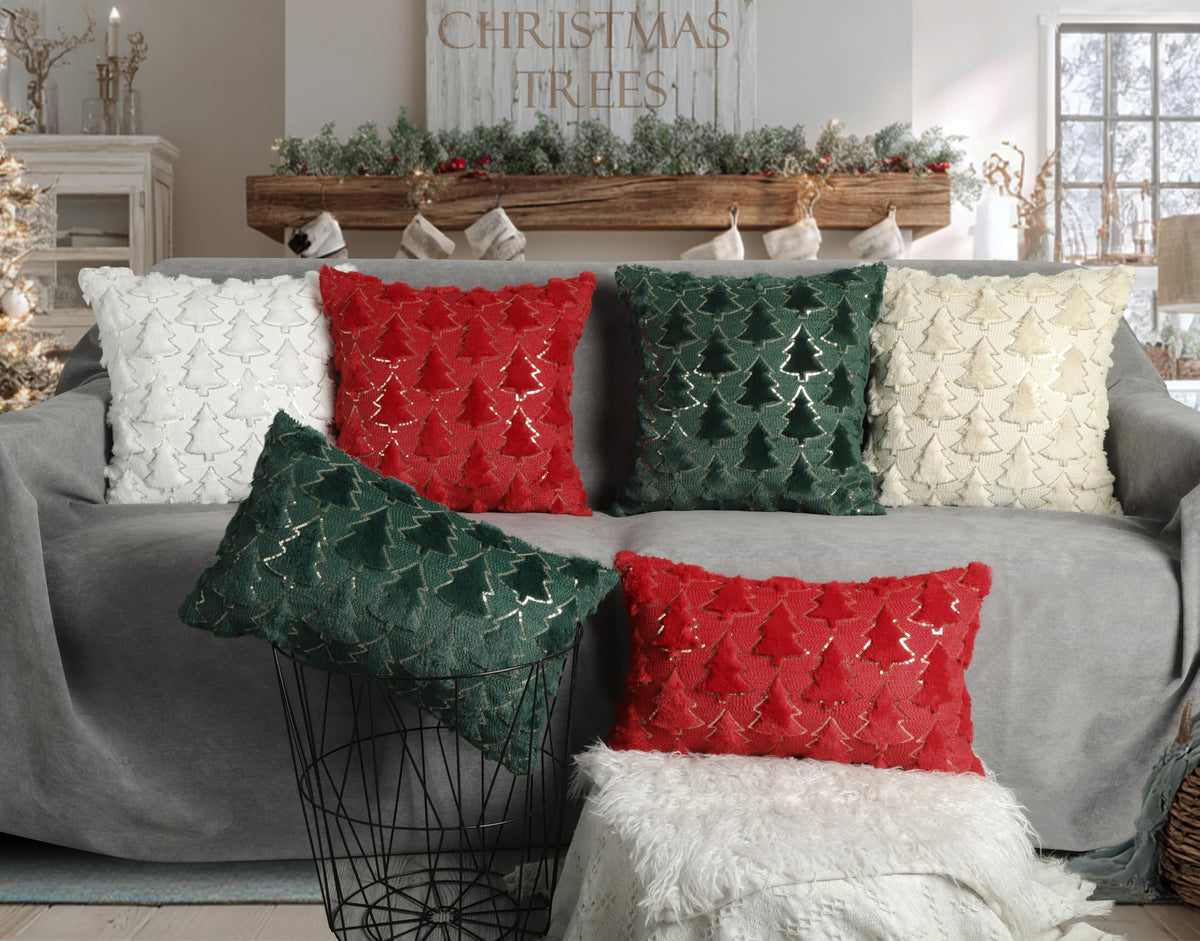 4TH Emotion Christmas Tree Decorative Pillow Covers 18x18 Set of 2, Green Soft Plush Faux Fur Farmhouse Throw Cushion Cases for Xmas Winter Holiday Home Decorations