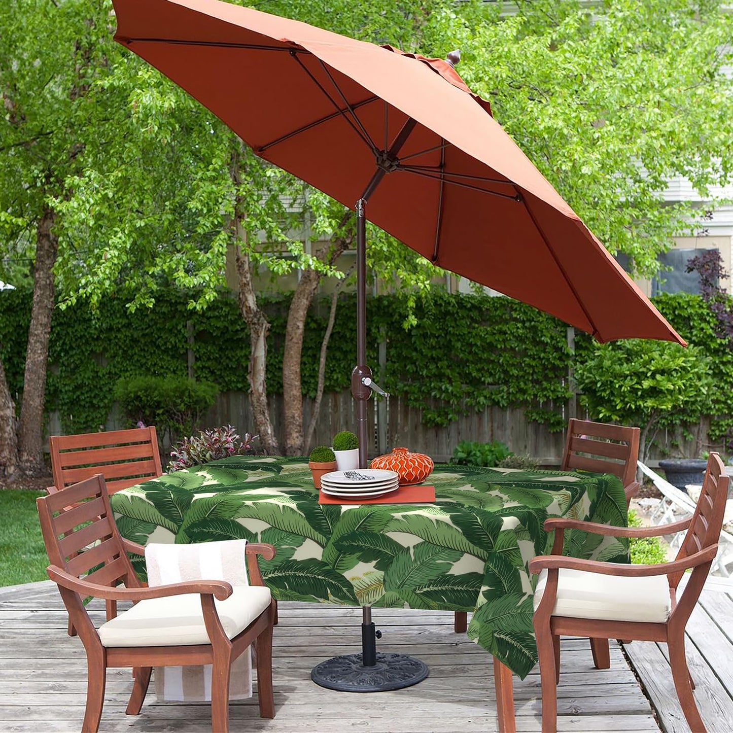 LVTXIII Rectangle Outdoor Tablecloth with Umbrella Hole and Zipper, Water-Repellent 60 x 84 Inch Patio Table Cover for Picnic, Garden, Backyard Dining, Swaying Palms Green