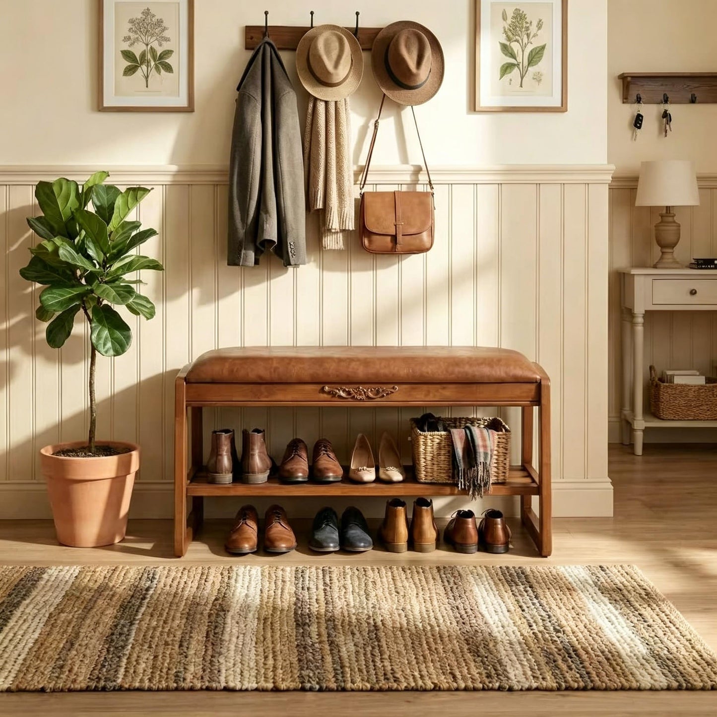 Drogenble Shoe Rack Bench,2 Tiers Shoe Bench with Storage with Flip-Top,Wood Shoe Rack for Entryway,Hallway(Solid Upholstered Seat,23.6"