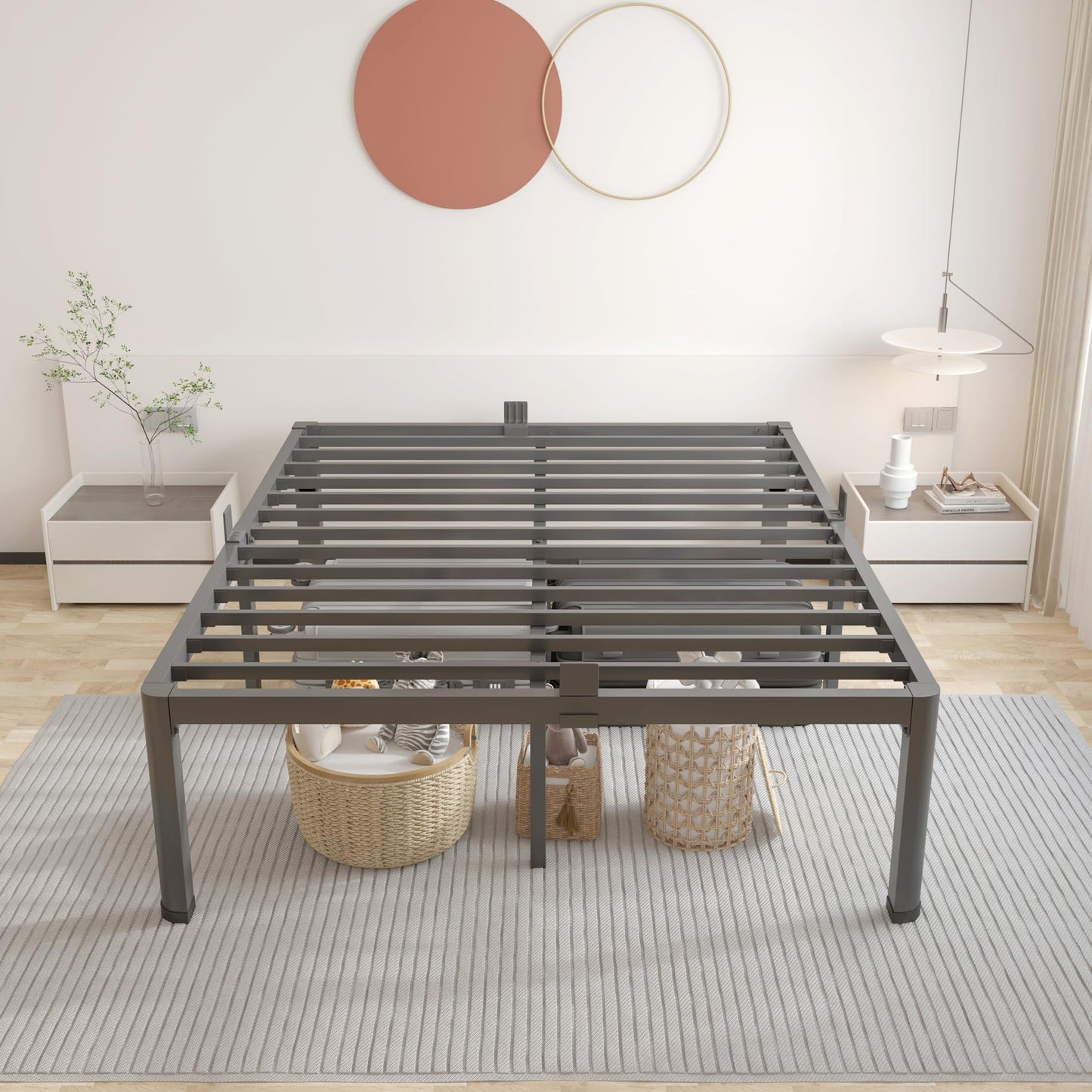 ROIL 18 Inch Full Size Bed Frame with Rounded Corner and Headboard Hole Mattress Retainers 3500LBS Metal Heavy Duty Steel Slats No Box Spring Needed Platform Noise-Free Easy Assembly
