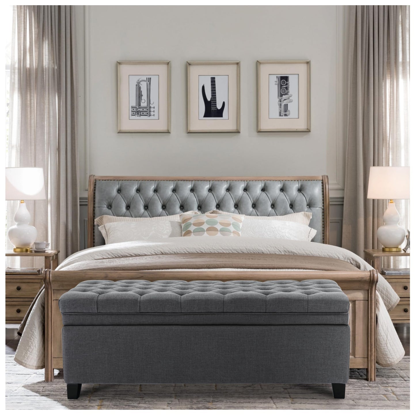 UDAX 51" Storage Ottoman for Bedroom & Living Room, End of Bed Bench with Black Wooden Legs, Linen Upholstered Tufted Ottoman, Entryway Storage Bench,Dark Grey