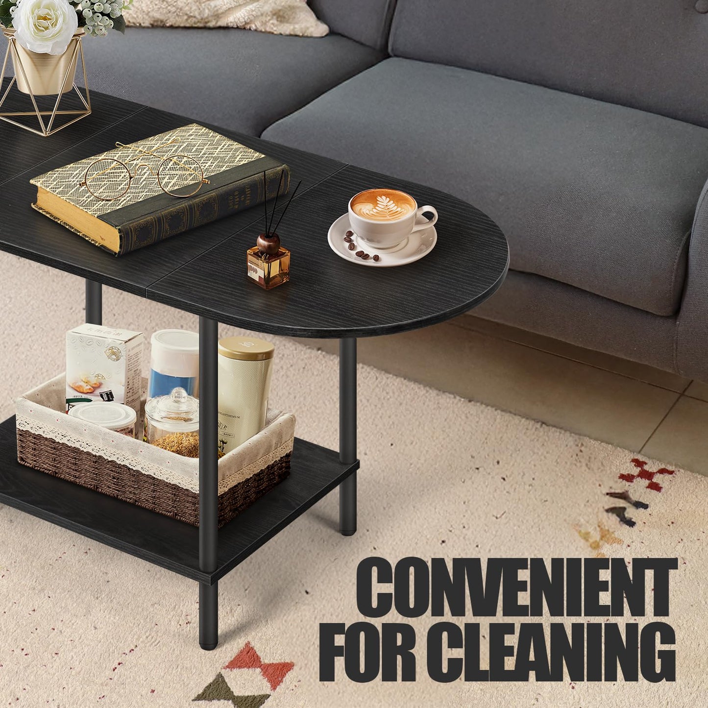 KANEODOT Black Coffee Tables for Living Room,Mid Century Oval Small Center Table with Storage Shelf and Wood Tabletop,2-Tier Farmhouse Low Cocktail Tea Table for Small Space,Apartment