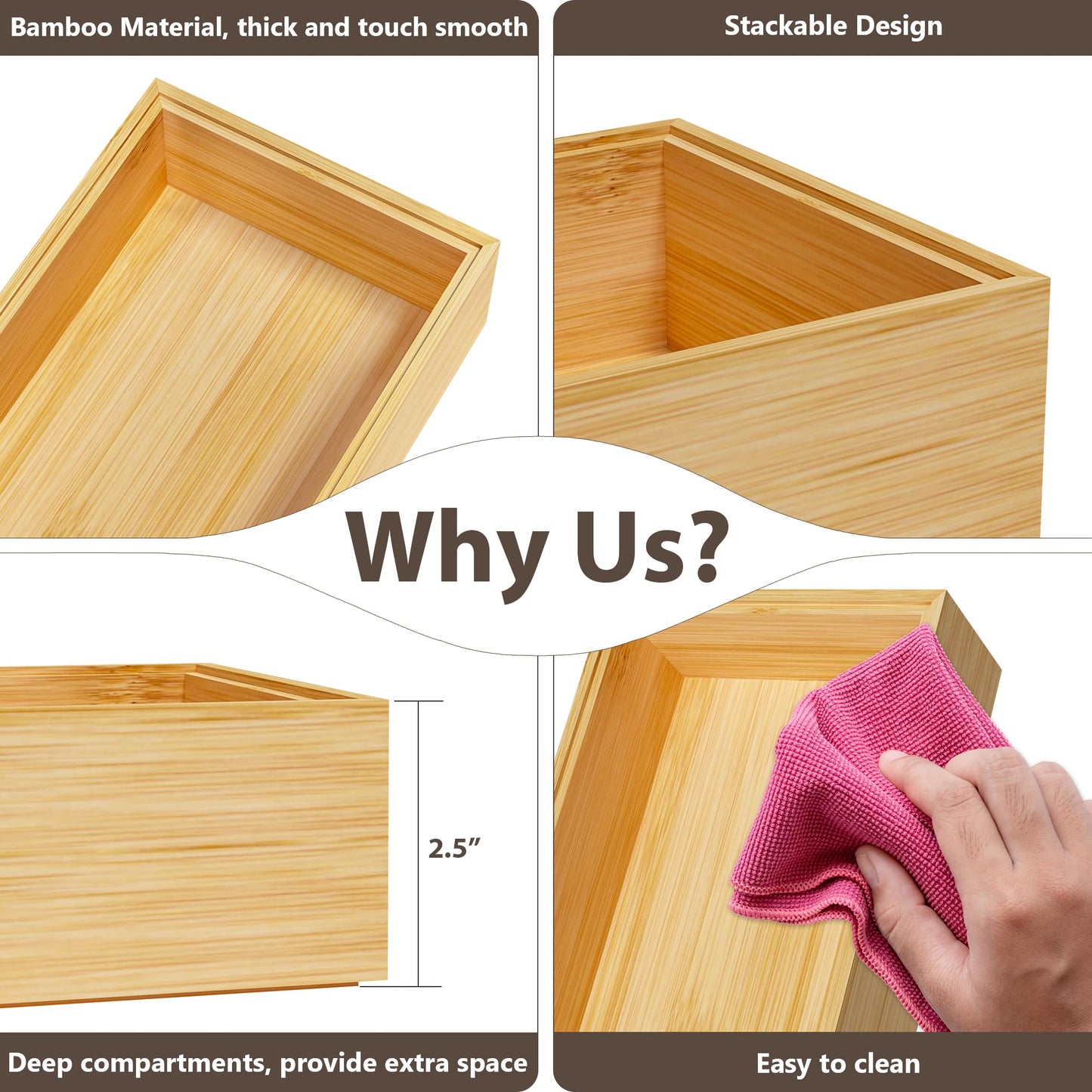 Greatseas Kitchen Drawer Organizer Bins, Stackable Bamboo Drawer Organizer for Silverware, Flatware, Deep Office Desk Drawer Organizer Tray, Desktop Pen, Office Organization 9" x 6" x 2.5" (Set of 2)