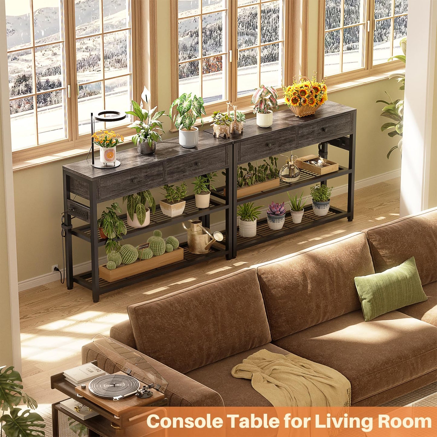 Ecoprsio Entryway Table with Outlets and USB Ports, Small Console Table with 2 Drawers, Sofa Table with Storage Shelves for Living Room, Couch, Hallway, Foyer, Kitchen Counter, 32'', Grey Oak