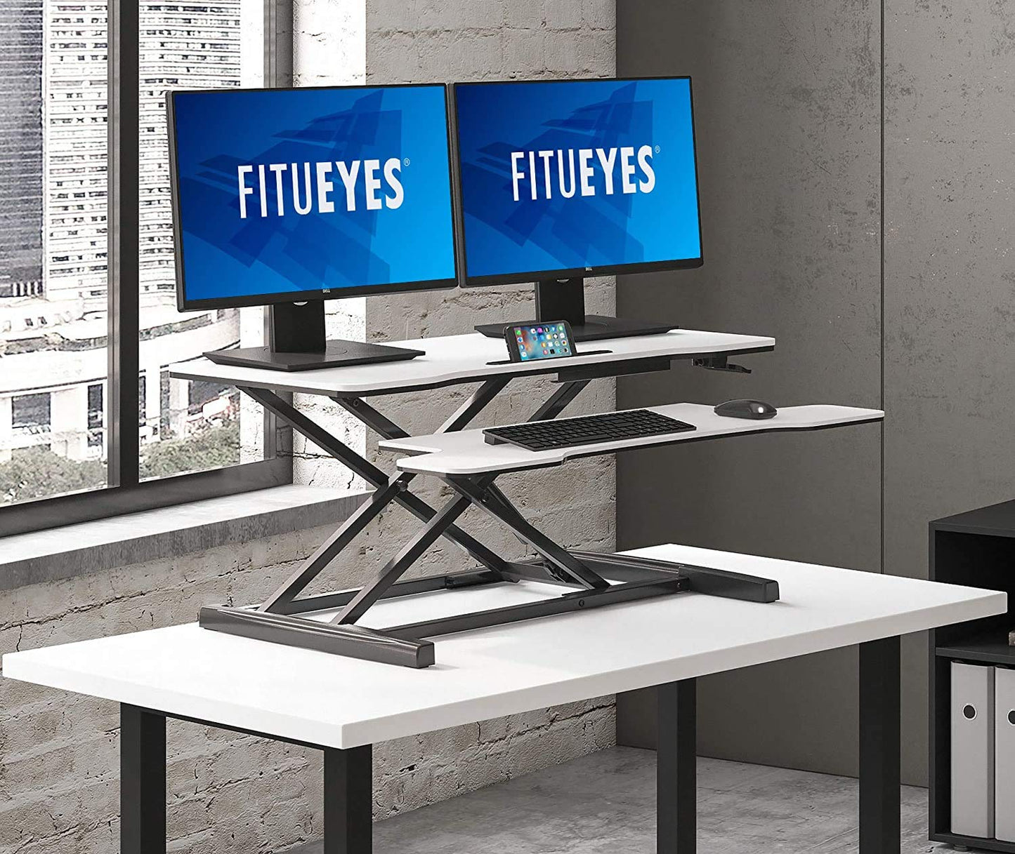 FITUEYES Height Adjustable Standing Desk 36” Wide Sit to Stand Converter Stand Up Desk Tabletop Workstation for Laptops Dual Monitor Riser White SD309103WW